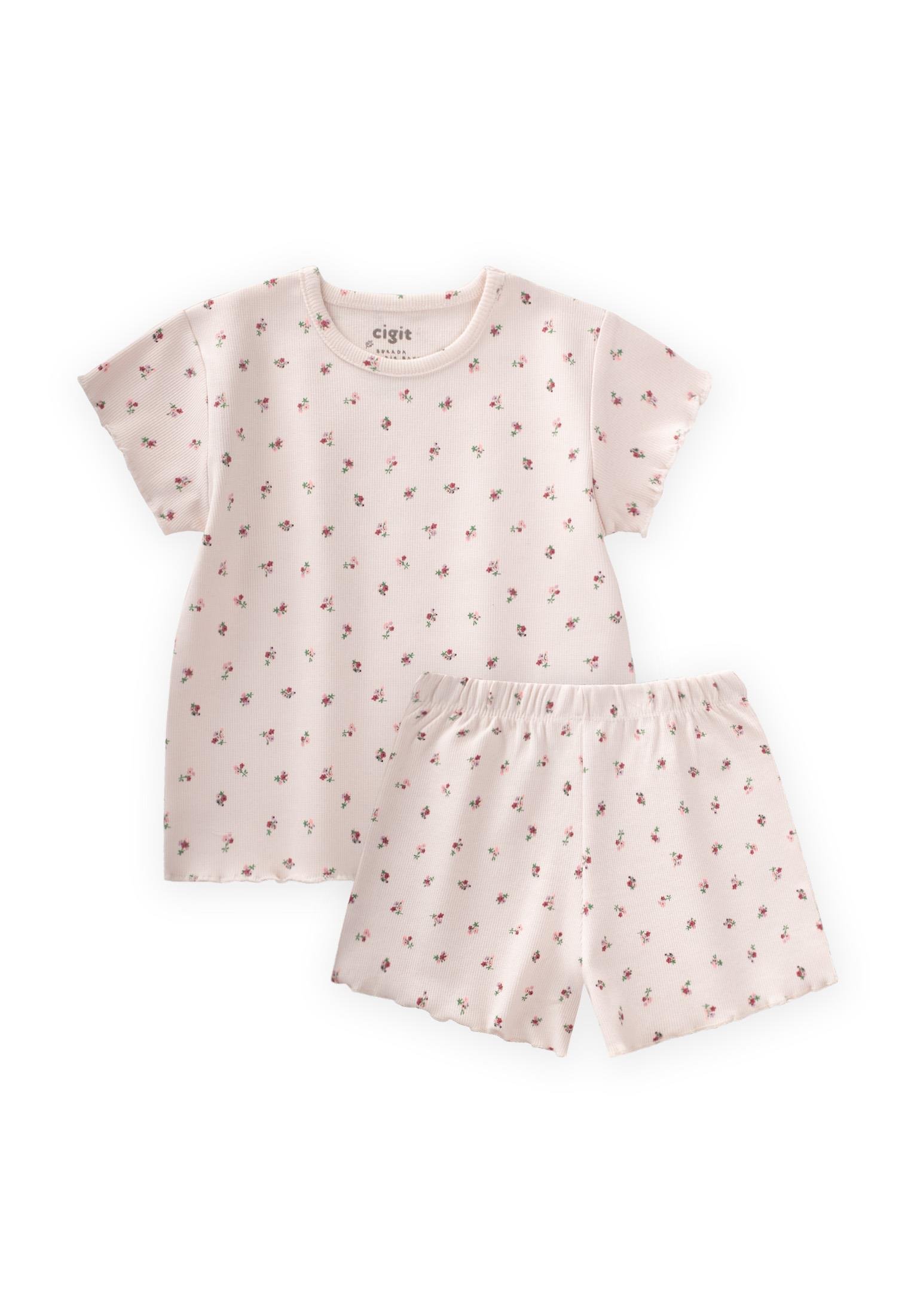 CigitDesenli Şortlu Takım 1-7 Yaş EKRU