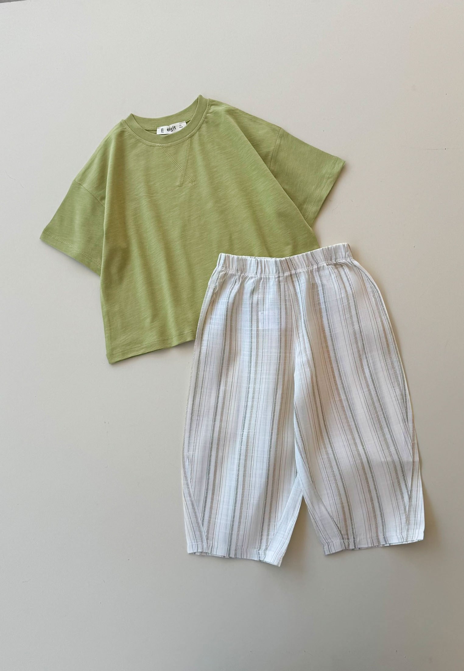 CigitOversize T-Shirt Takım 2-10 Yaş LİME YEŞİL ÇİZGİLİ