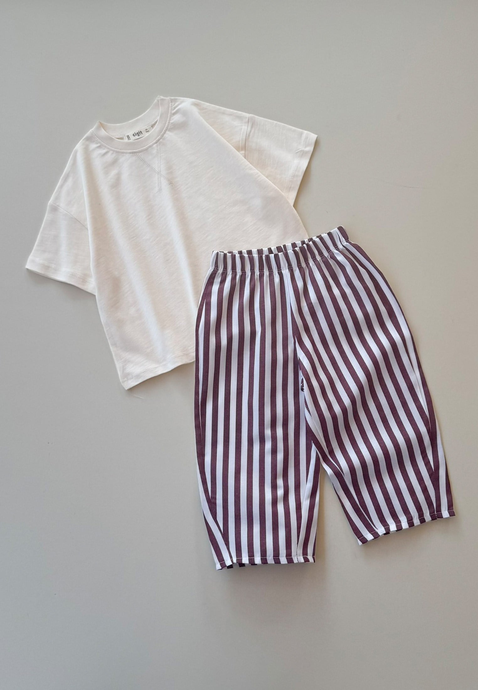 CigitOversize T-Shirt Takım 2-10 Yaş EKRU BORDO ÇİZGİLİ