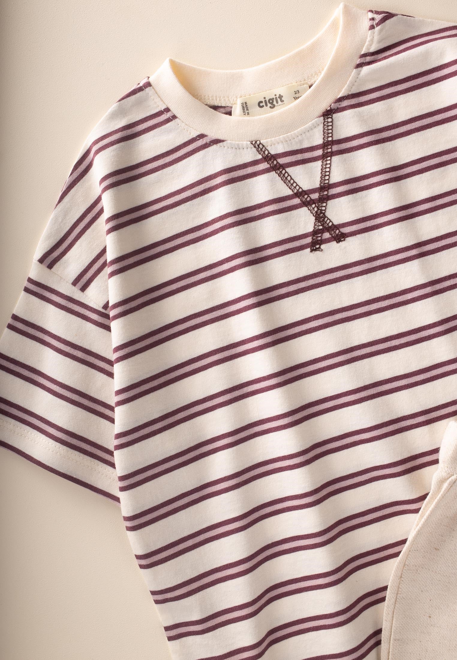 CigitOversize T-Shirt  Geniş Kesim Pantolon Takım 2-10 Yaş MÜRDÜM ÇİZGİLİ