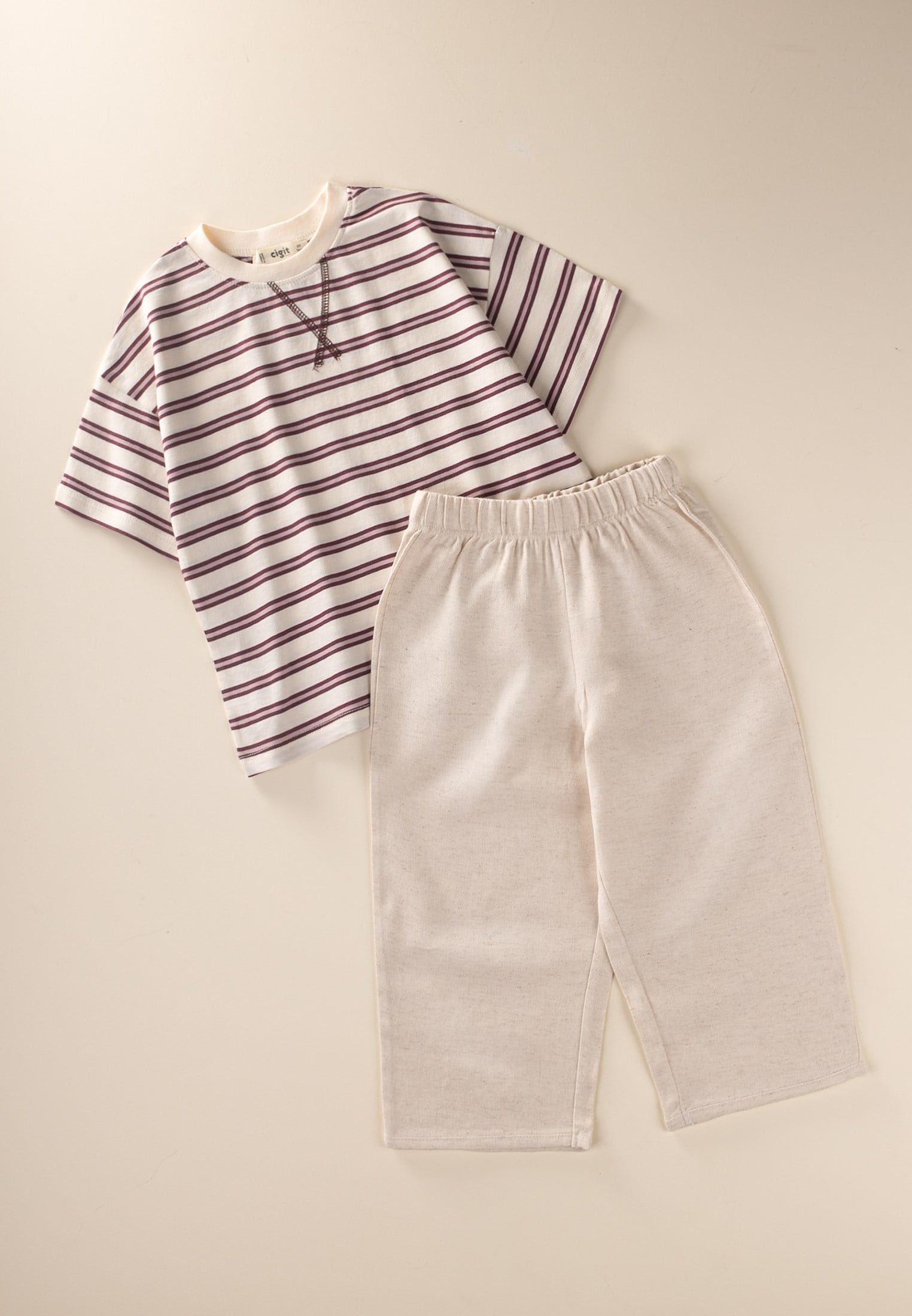 CigitOversize T-Shirt  Geniş Kesim Pantolon Takım 2-10 Yaş MÜRDÜM ÇİZGİLİ