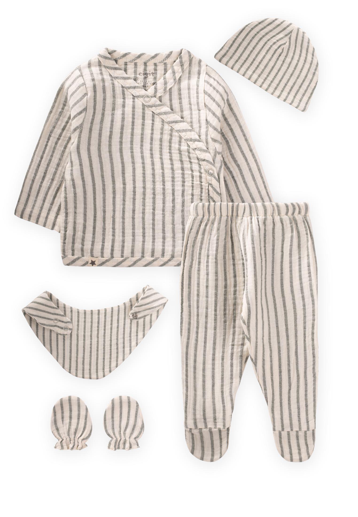 CigitOrganik Hastane Çıkışı Bebek Takımı 0-3 Ay HAKİ İNC ÇİZG