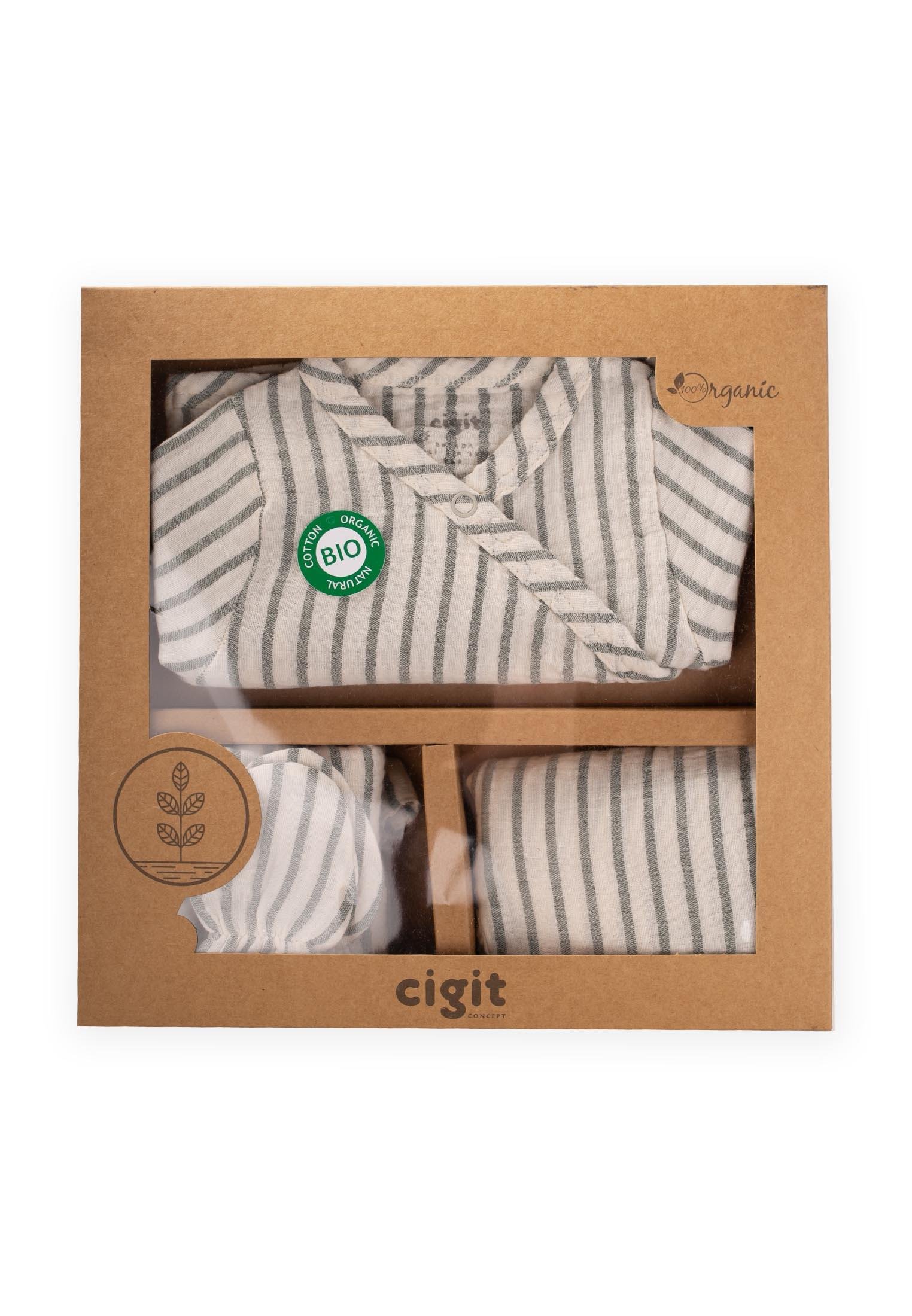 CigitOrganik Hastane Çıkışı Bebek Takımı 0-3 Ay HAKİ İNC ÇİZG