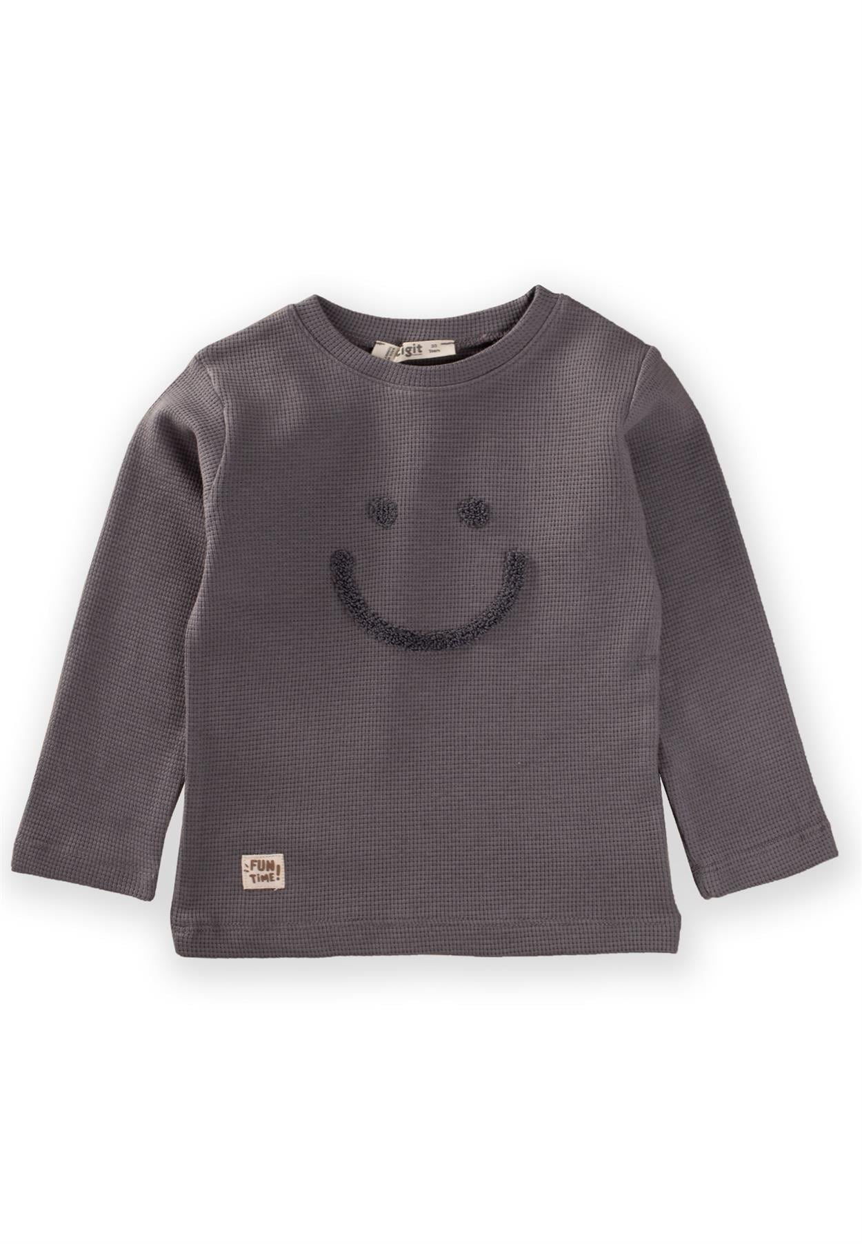 CigitSmile Süzene Nakışlı Waffle Mevsimlik T-Shırt 2-10 Yaş GRİ