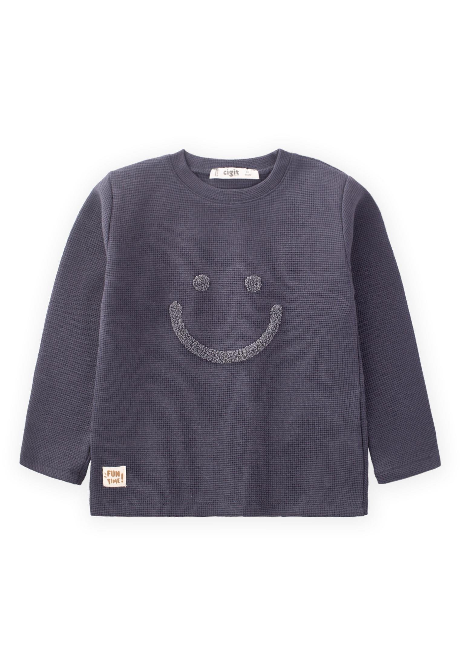 CigitSmile Süzene Nakışlı Waffle Mevsimlik T-Shırt 2-10 Yaş FÜME