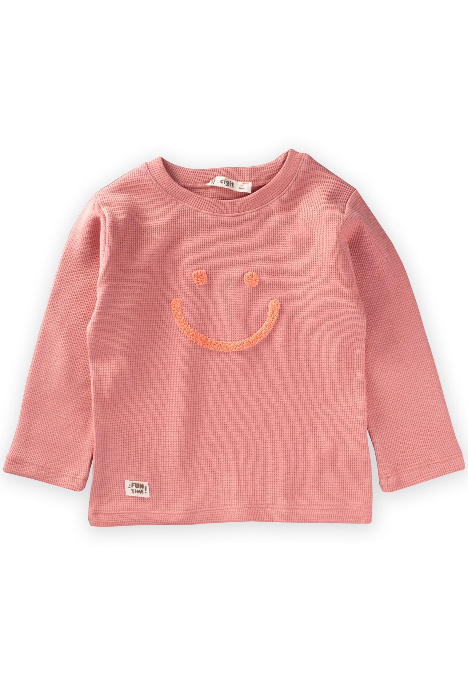 CigitSmile Süzene Nakışlı Waffle Mevsimlik T-Shırt 2-10 Yaş K PEMBE