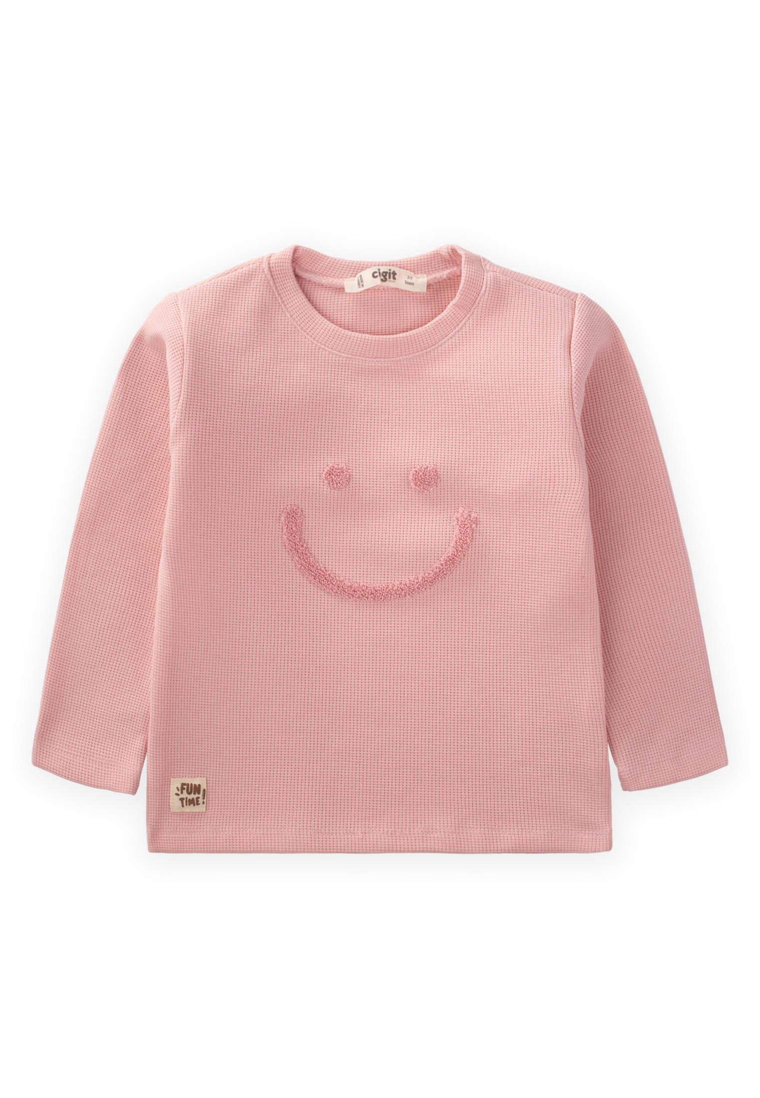 CigitSmile Süzene Nakışlı Waffle Mevsimlik T-Shırt 2-10 Yaş BEBEK PEMBE