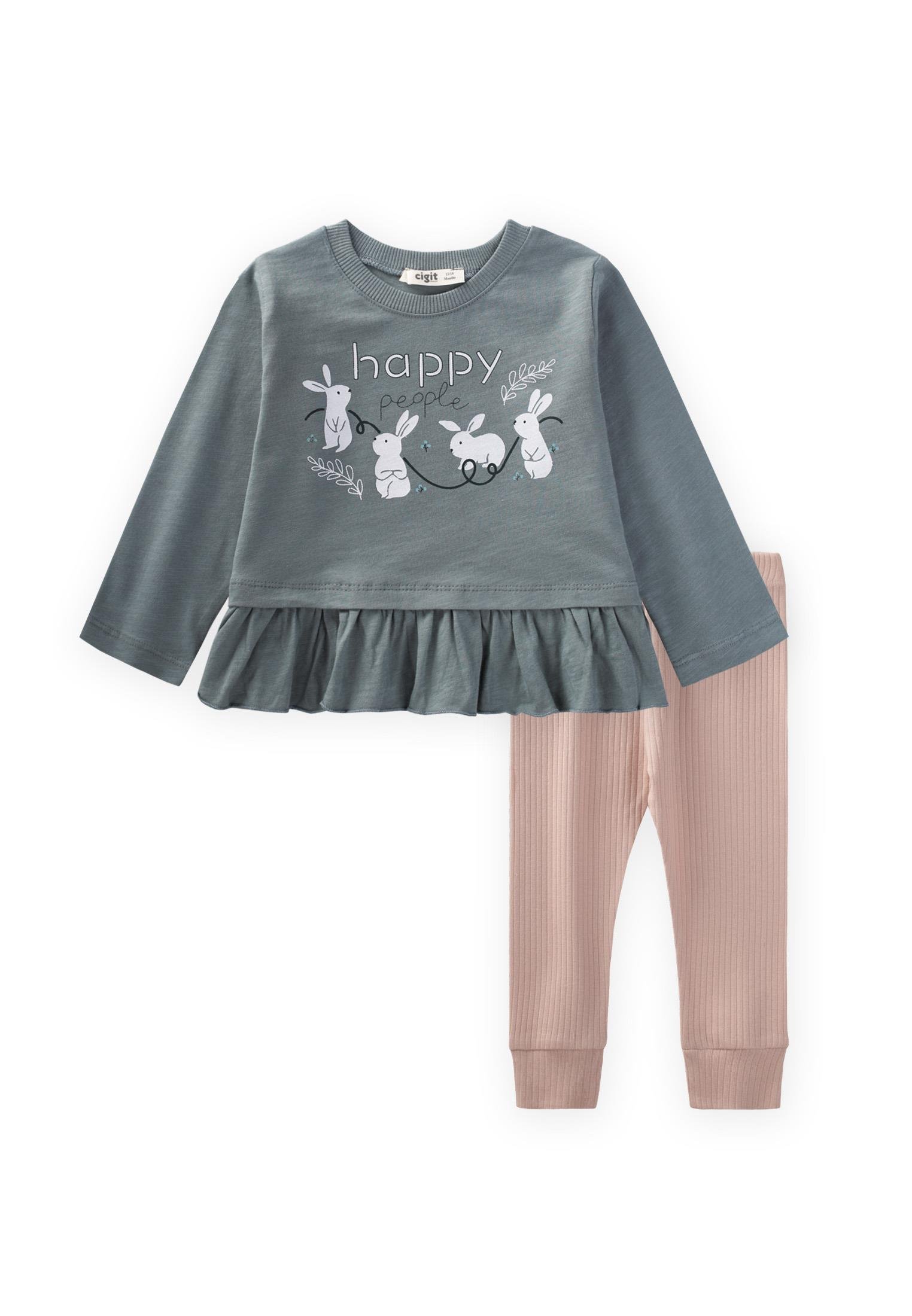 CigitTavşan Baskılı Eteği Fırfırlı Taytlı Takım 1-6 Yaş ÇAĞLA YEŞİLİ