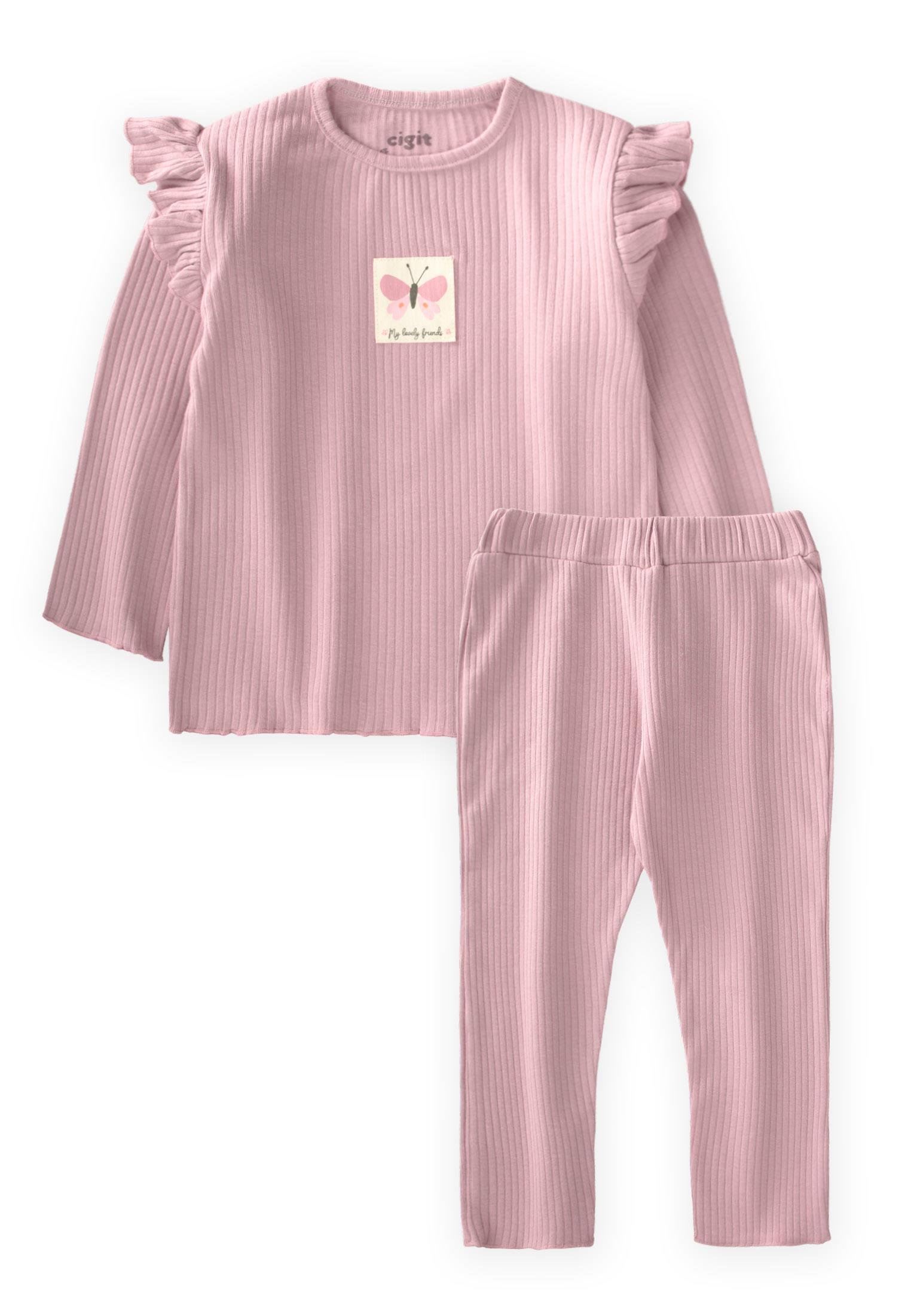 CigitEtiket Detaylı Mevsimlik Kız Takım 1-10 Yaş PUDRA PEMBE