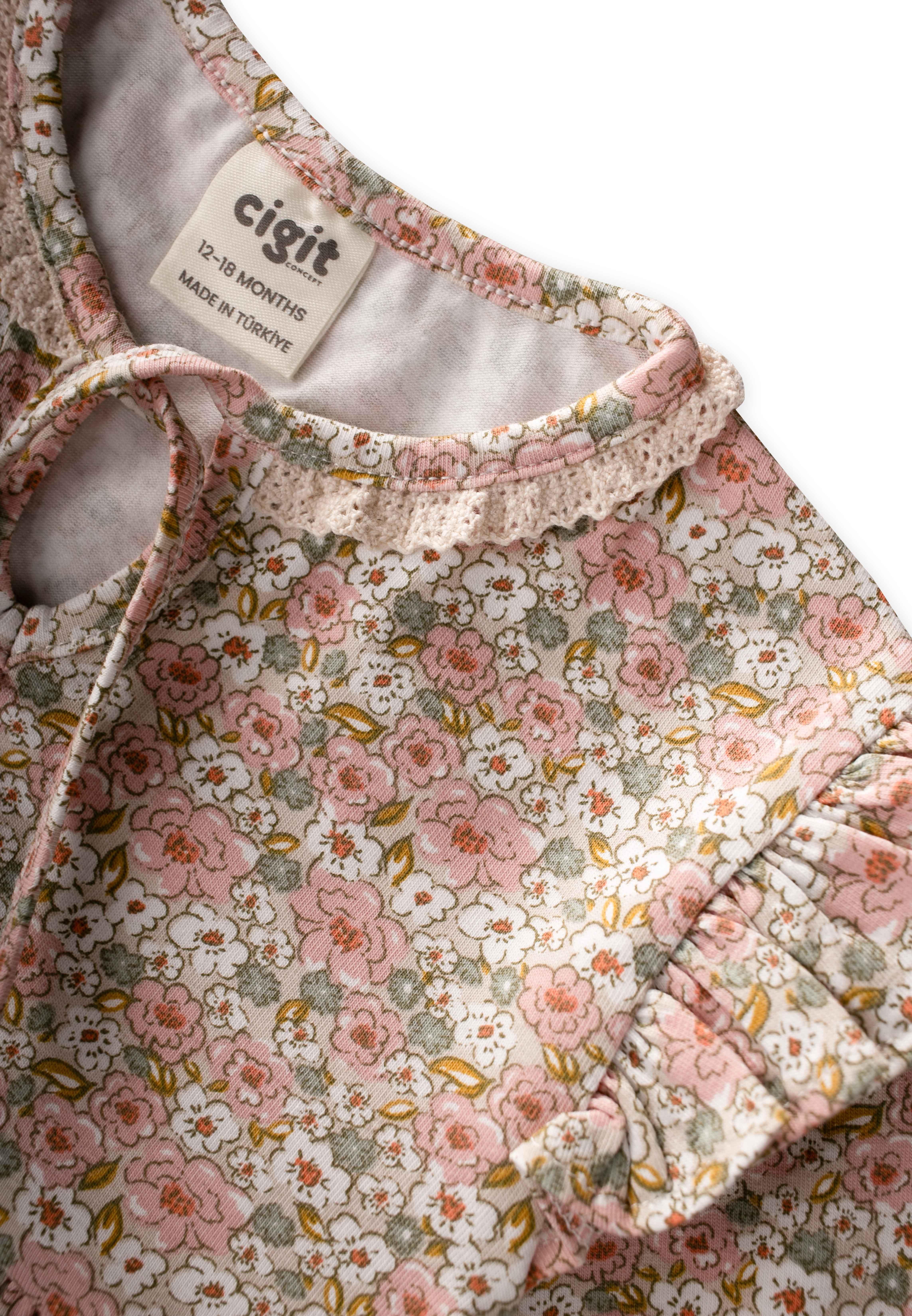 CigitDesenli Mevsimlik Elbise 1-7 Yaş EKRU