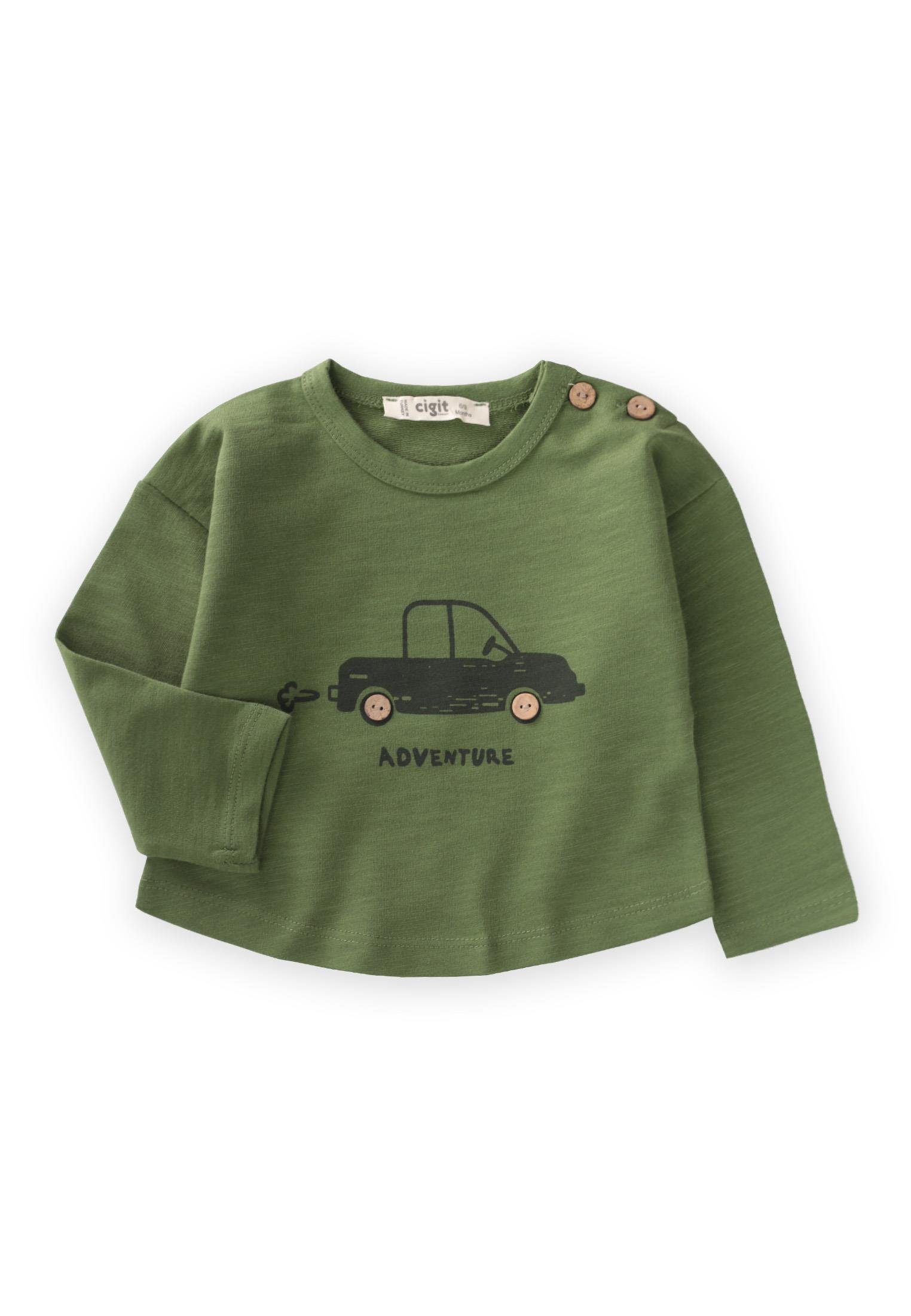 CigitAdventure Baskılı Erkek Sweatshırt 0-5 Yaş YAĞ YEŞİLİ