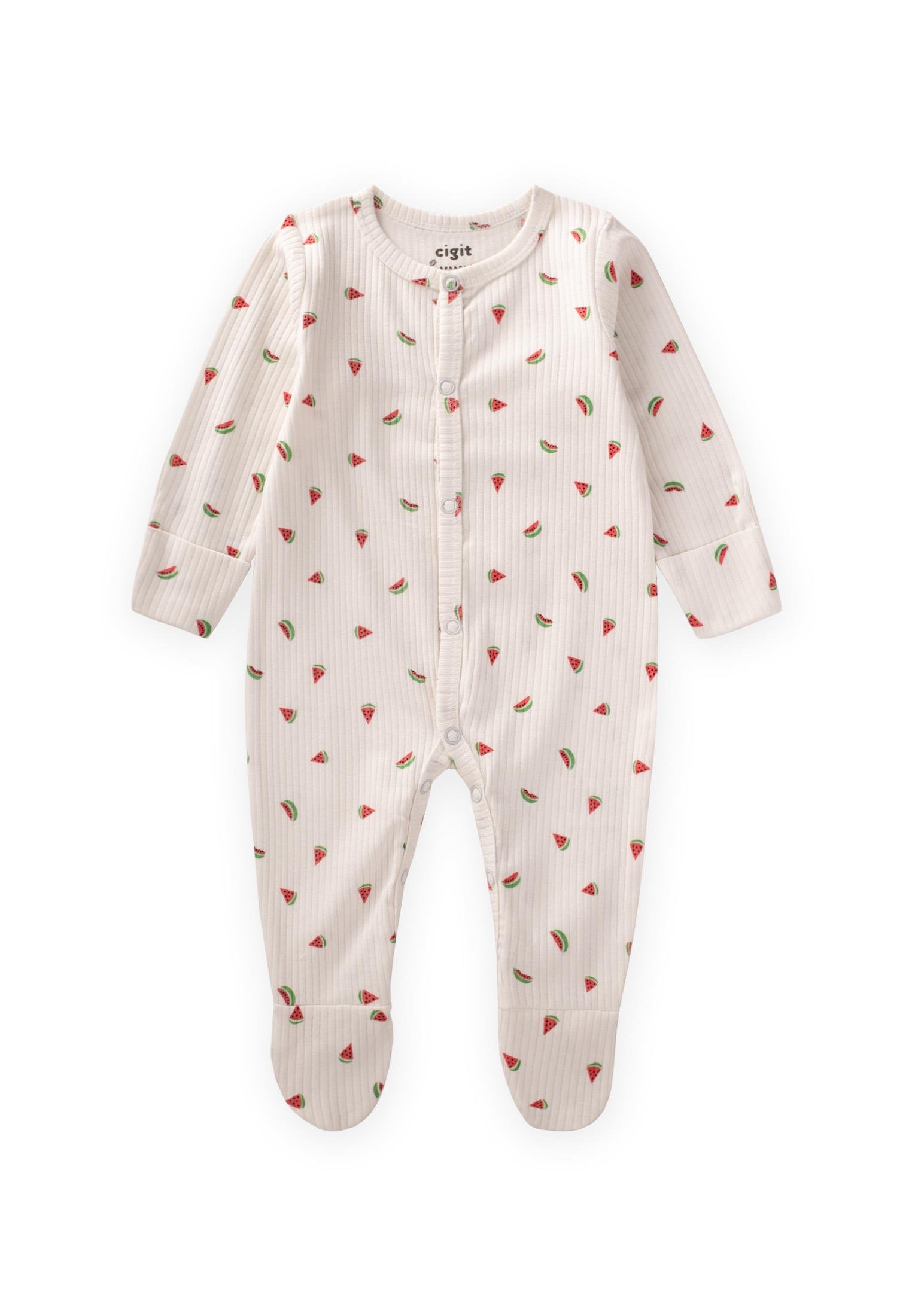 CigitAyaklı Kendinden Eldivenli Desenli Tulum 0-9 Ay KARPUZ DESEN