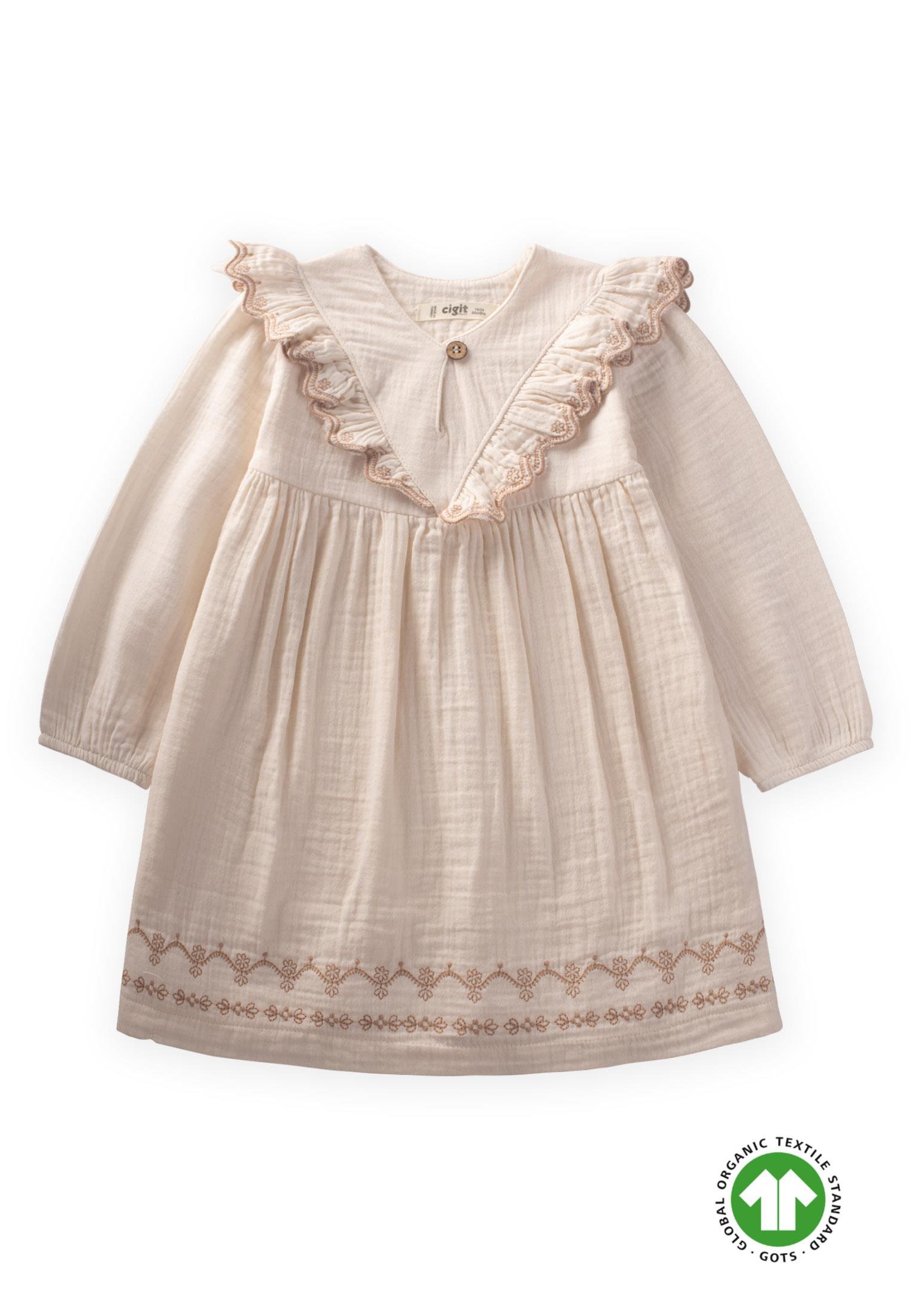 CigitOrganik Etnik Nakışlı Müslin Elbise 1-8 Yaş NATUREL