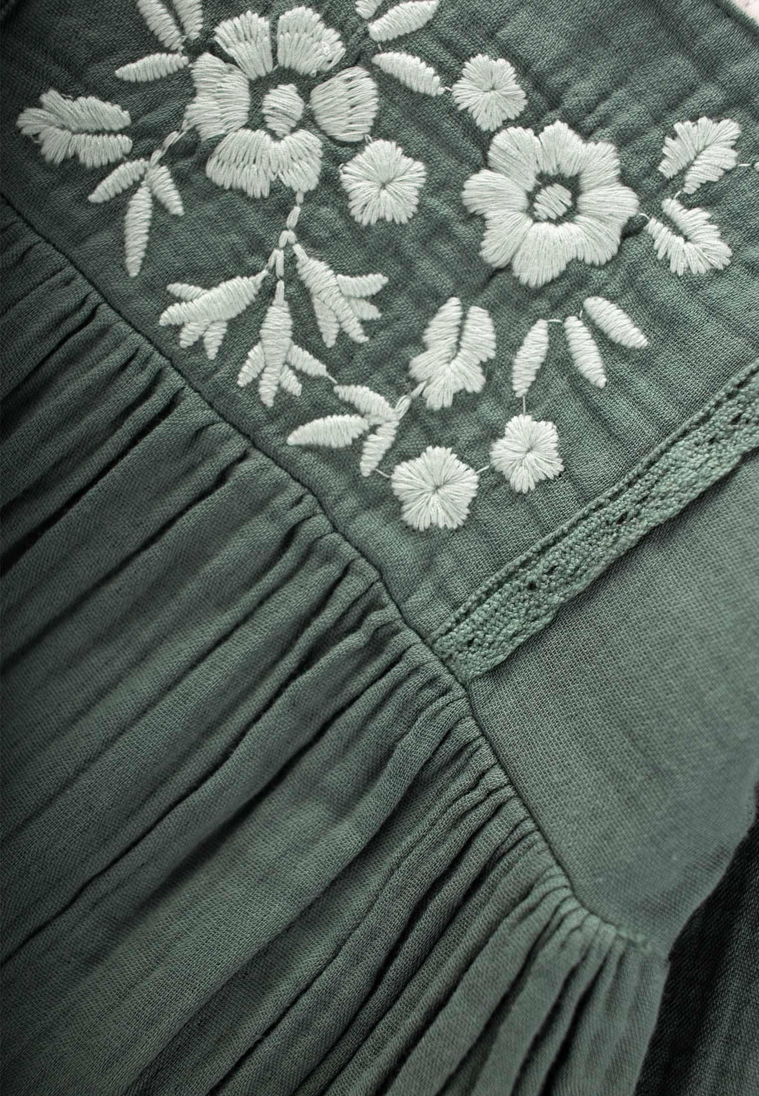 CigitOrganik Nakışlı Dantel Detaylı Müslin Elbise 1-8 Yaş HAKİ YEŞİL