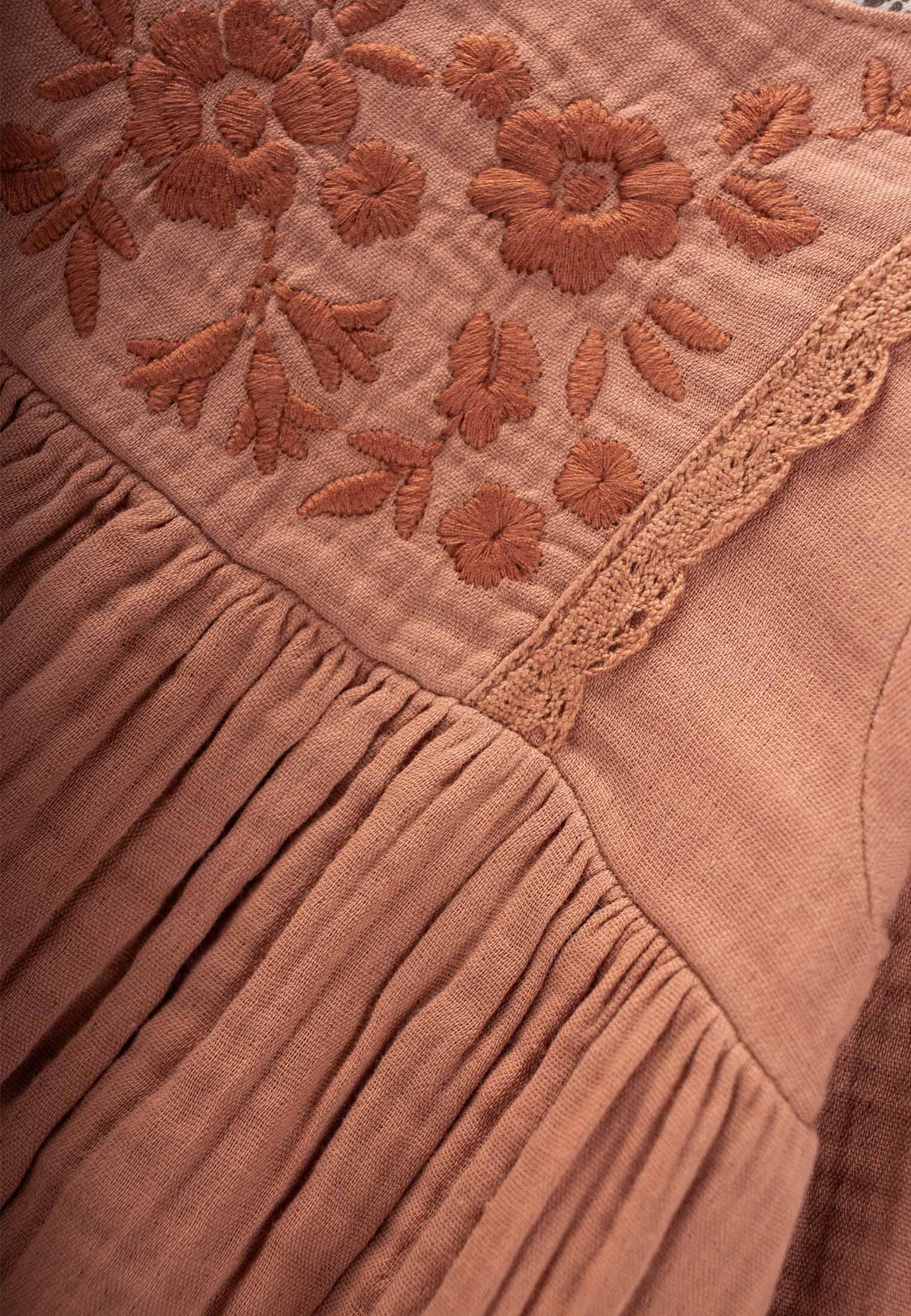 CigitOrganik Nakışlı Dantel Detaylı Müslin Elbise 1-8 Yaş A.KAHVE