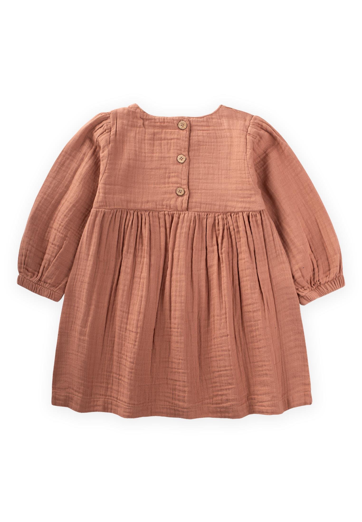 CigitOrganik Nakışlı Dantel Detaylı Müslin Elbise 1-8 Yaş A.KAHVE