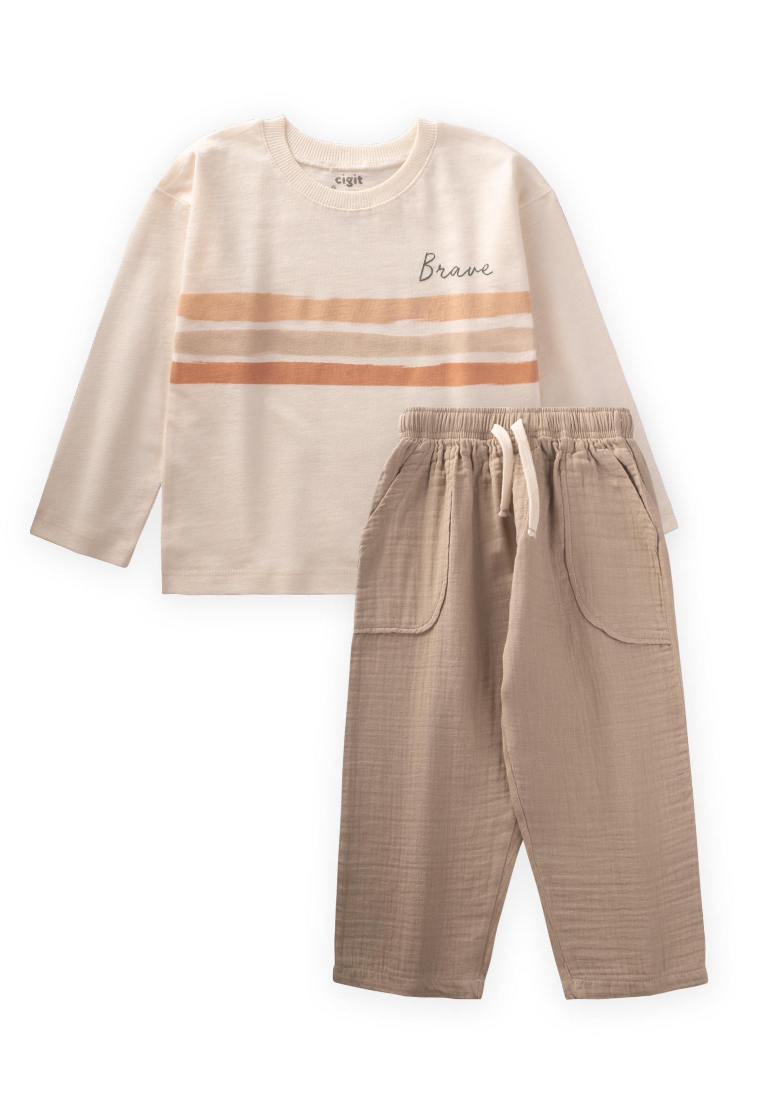 CigitBrave Çizgili Mevsimlik Takım 2-8 Yaş EKRU