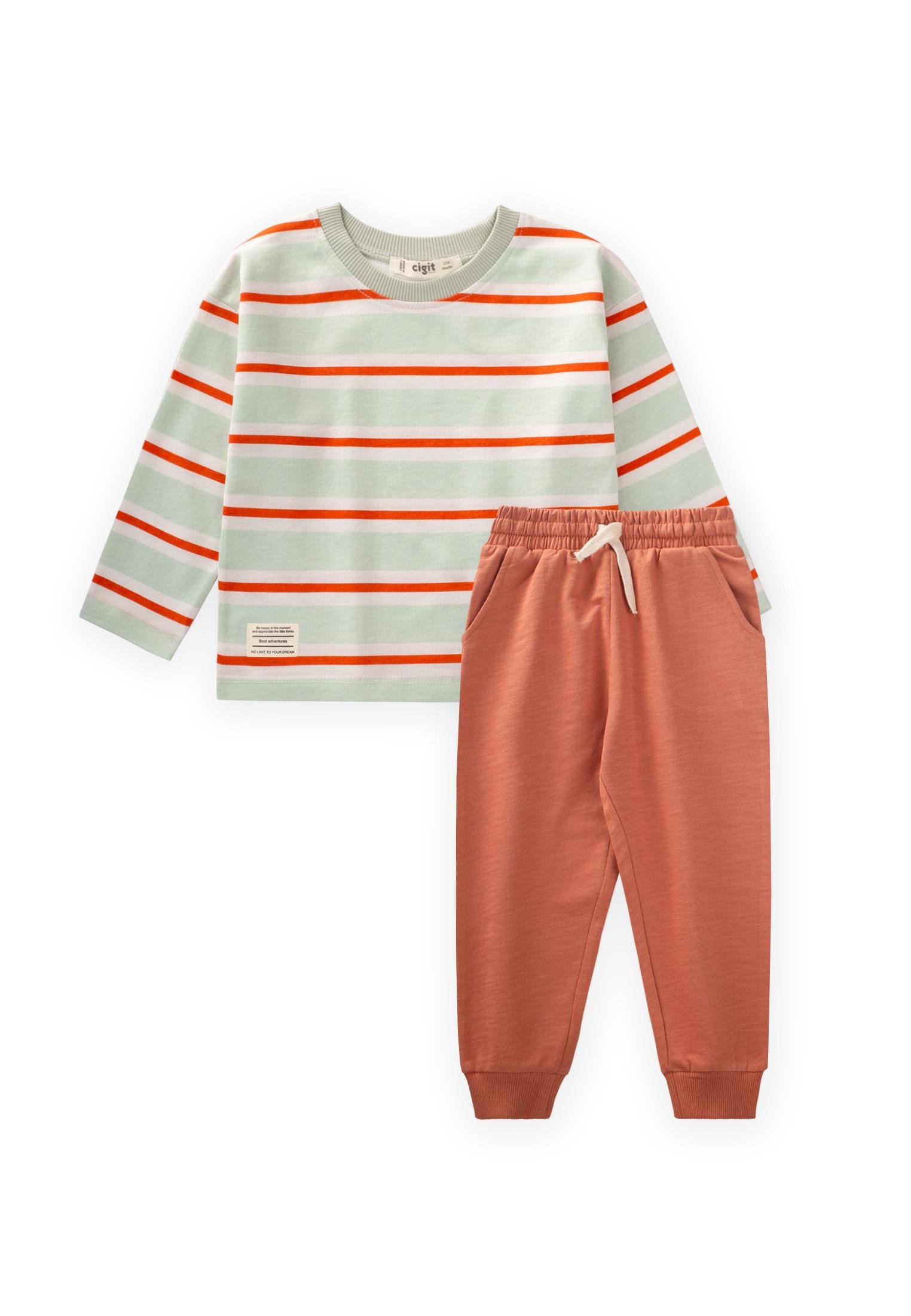 CigitÇizgili Uzun Kollu T-Shırt Takım 2-12 Yaş MİNT TURUNCU ÇİZGİLİ