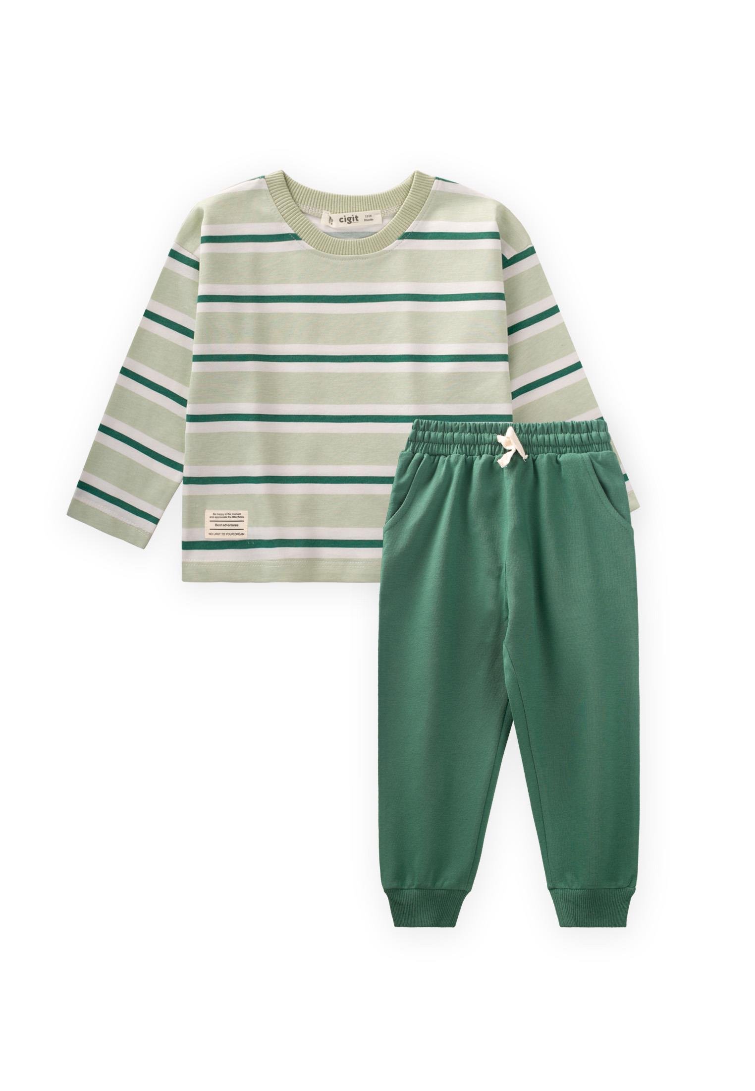 CigitÇizgili Uzun Kollu T-Shırt Takım 2-12 Yaş MİNT YEŞİL ÇİZGİLİ
