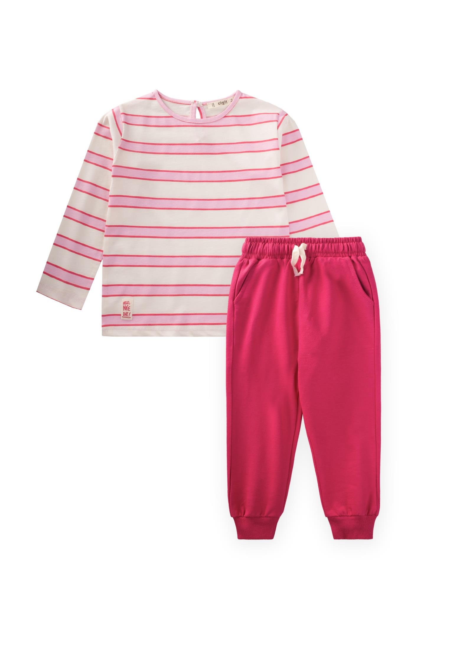 CigitÇizgili Uzun Kollu T-Shırt Takım 2-12 Yaş FUŞYA PEMBE ÇİZGİLİ
