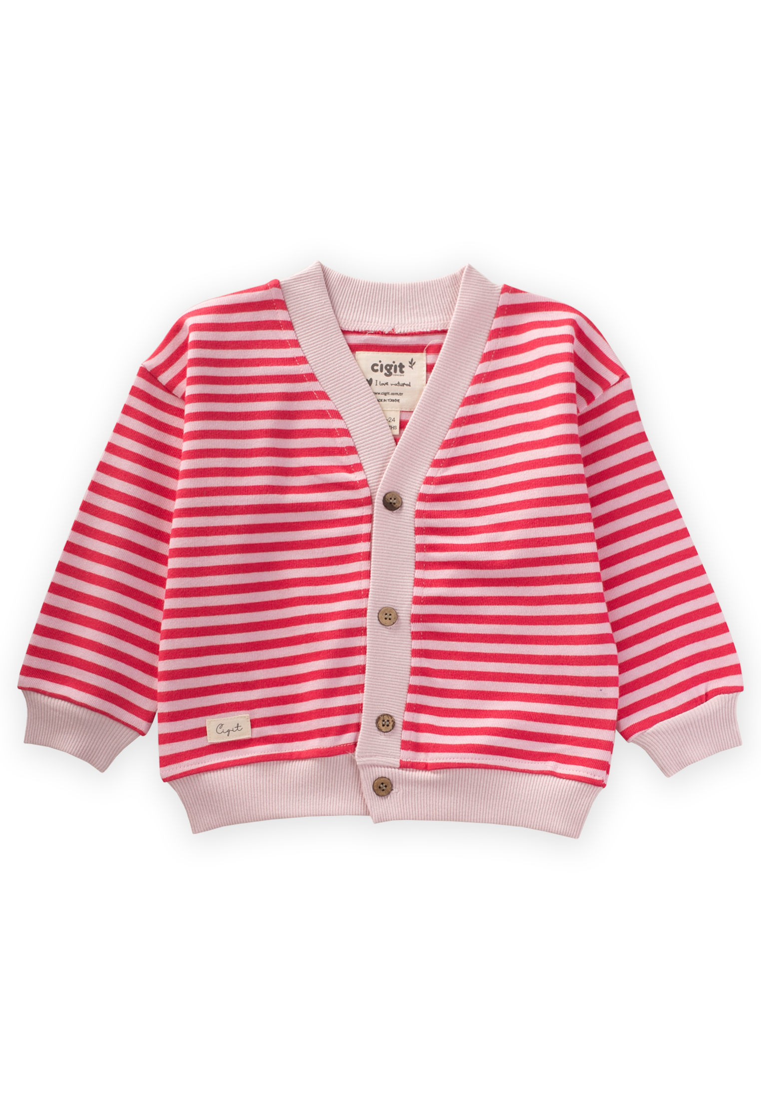 CigitÇizgili Triko Hırka 0-4 Yaş PUDRA MERCAN