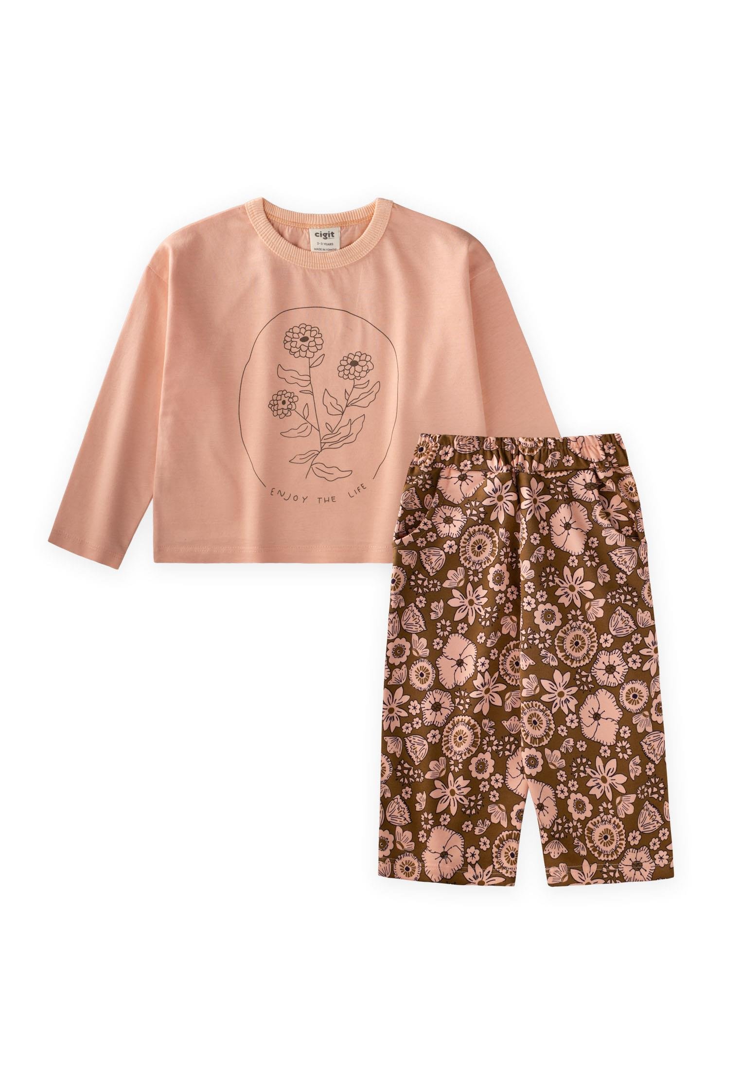 CigitUzun Kollu Desenli Yüksek Bel Pantolonlu Takım 2-8 Yaş SOMON
