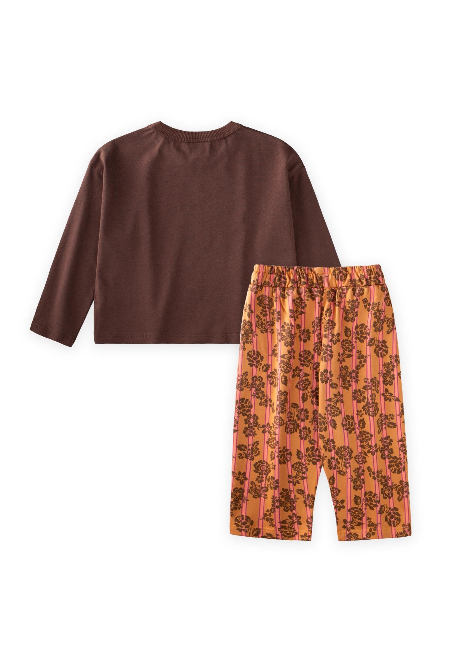 CigitUzun Kollu Desenli Yüksek Bel Pantolonlu Takım 2-8 Yaş KAHVERENGİ