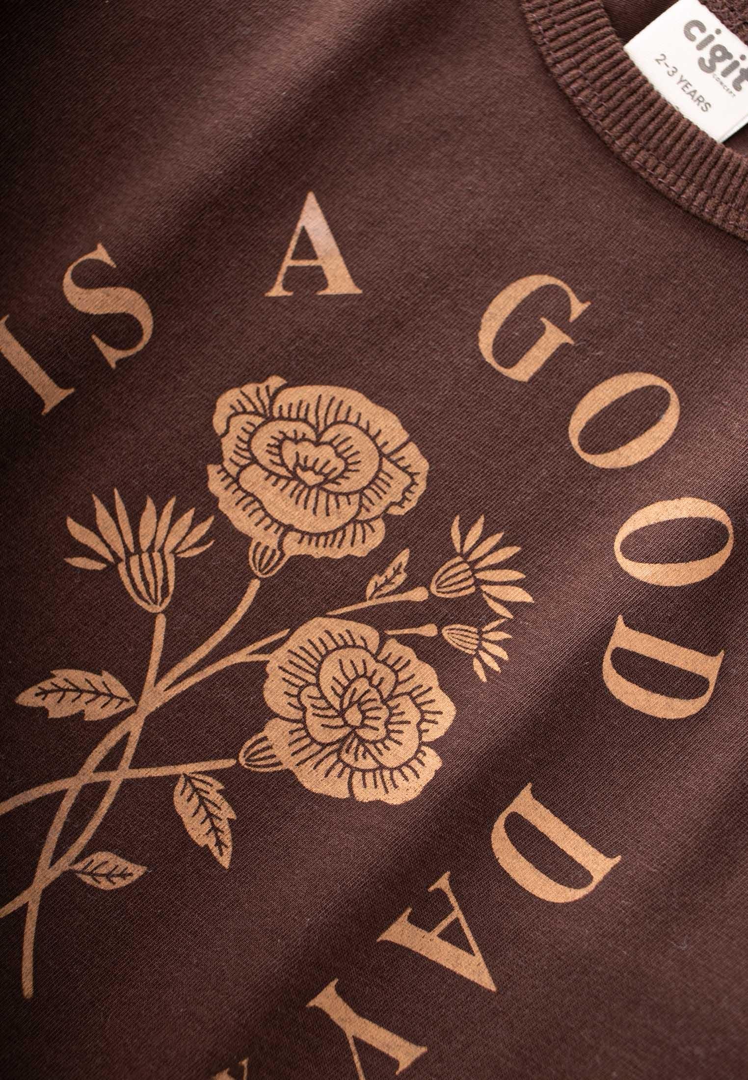 CigitUzun Kollu Desenli Yüksek Bel Pantolonlu Takım 2-8 Yaş KAHVERENGİ