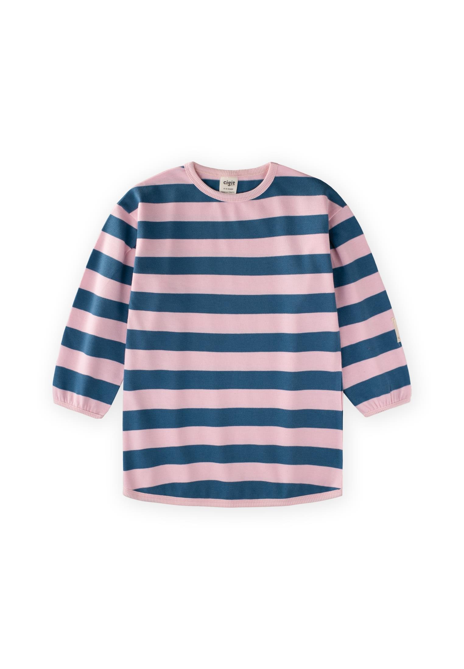 CigitTriko Çizgili Tunik 4-12 Yaş PUDRA MAVİ ÇİZGİ