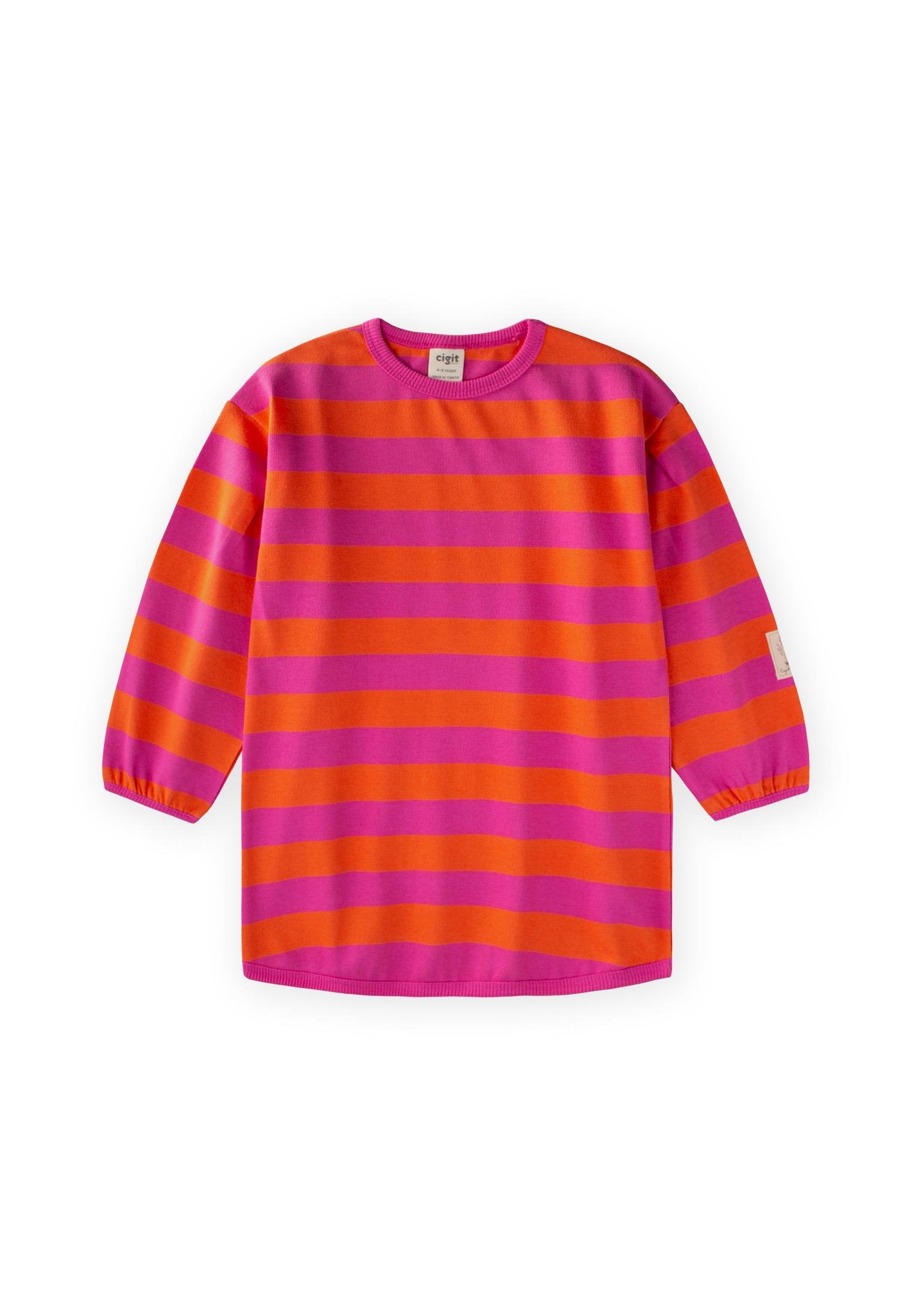 CigitTriko Çizgili Tunik 4-12 Yaş TURUNCU FUŞYA