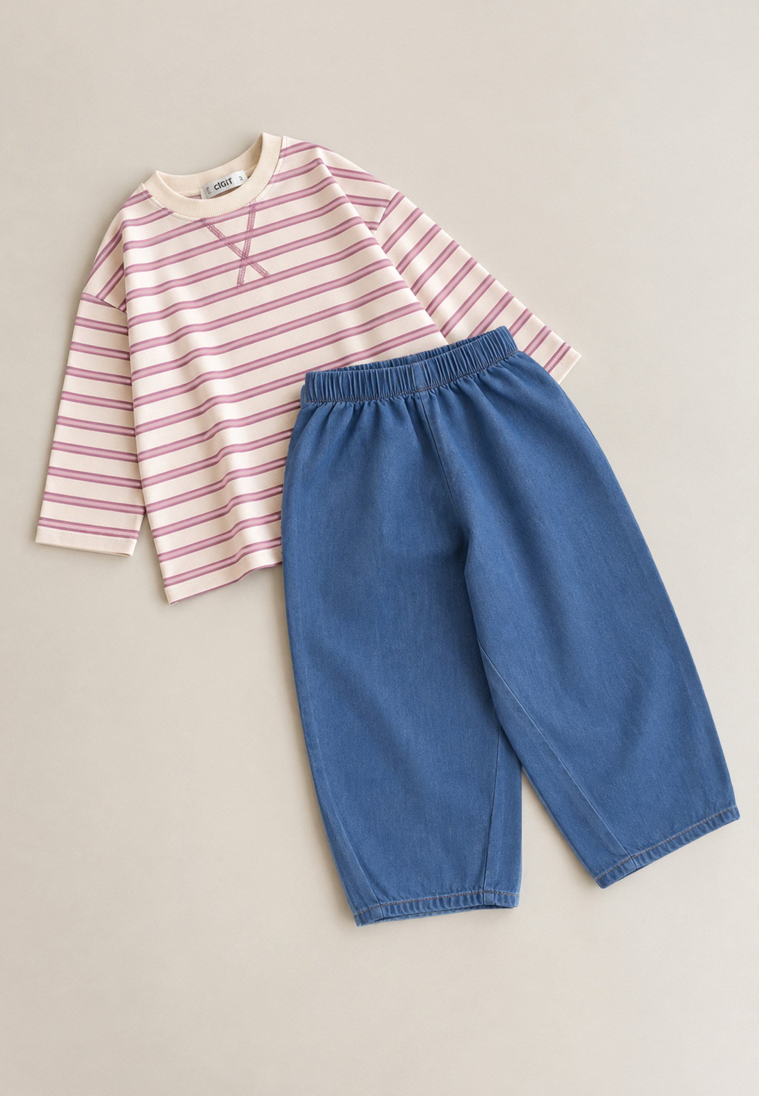 CigitOversize Mevsimlik Geniş Kesim Pantolon Takım 2-10 LEYLAK ÇİZGİLİ MAVİ