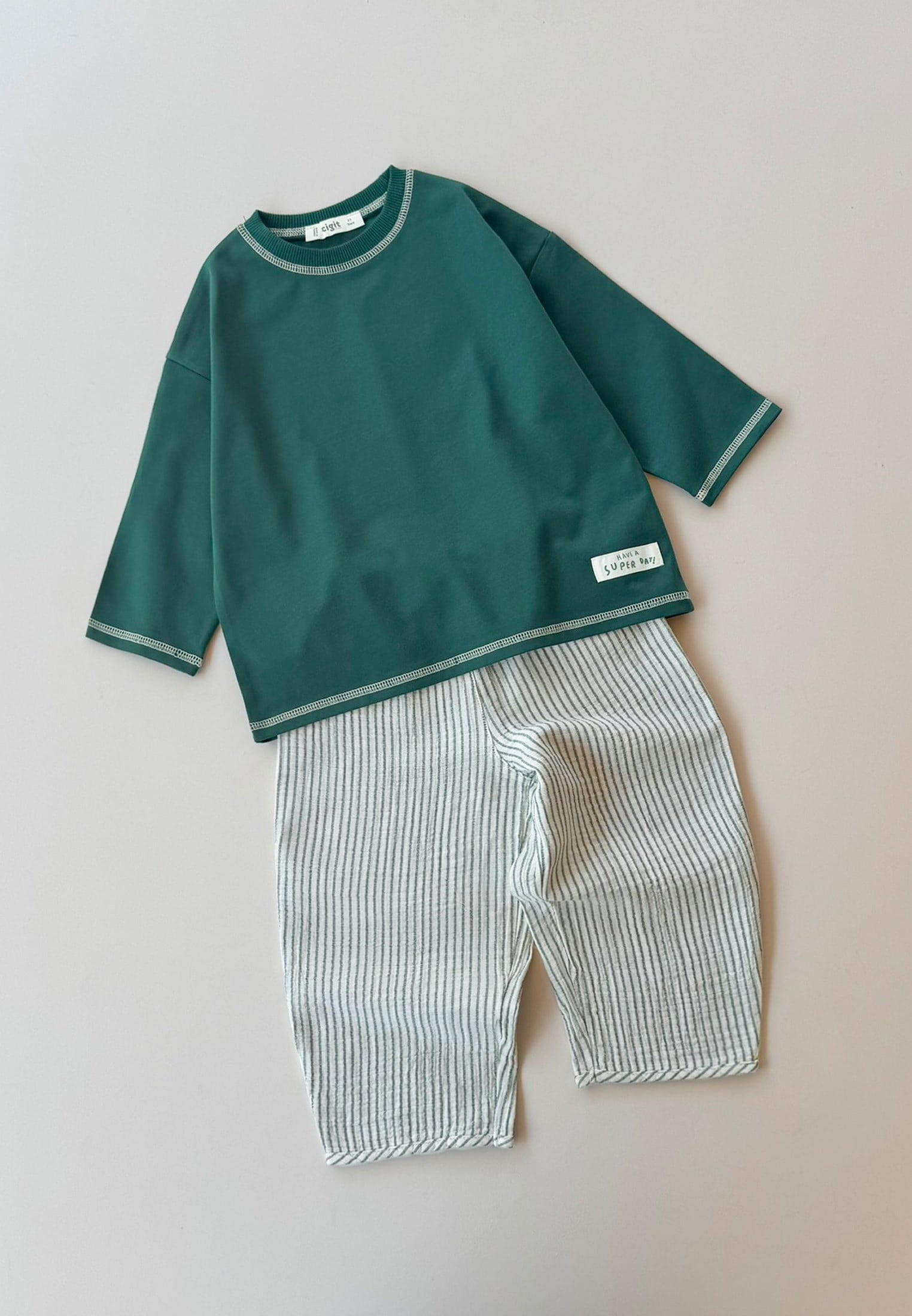 CigitOversize Pantolon Takım 2-10 Yaş YEŞİL İNCE ÇİZGİLİ
