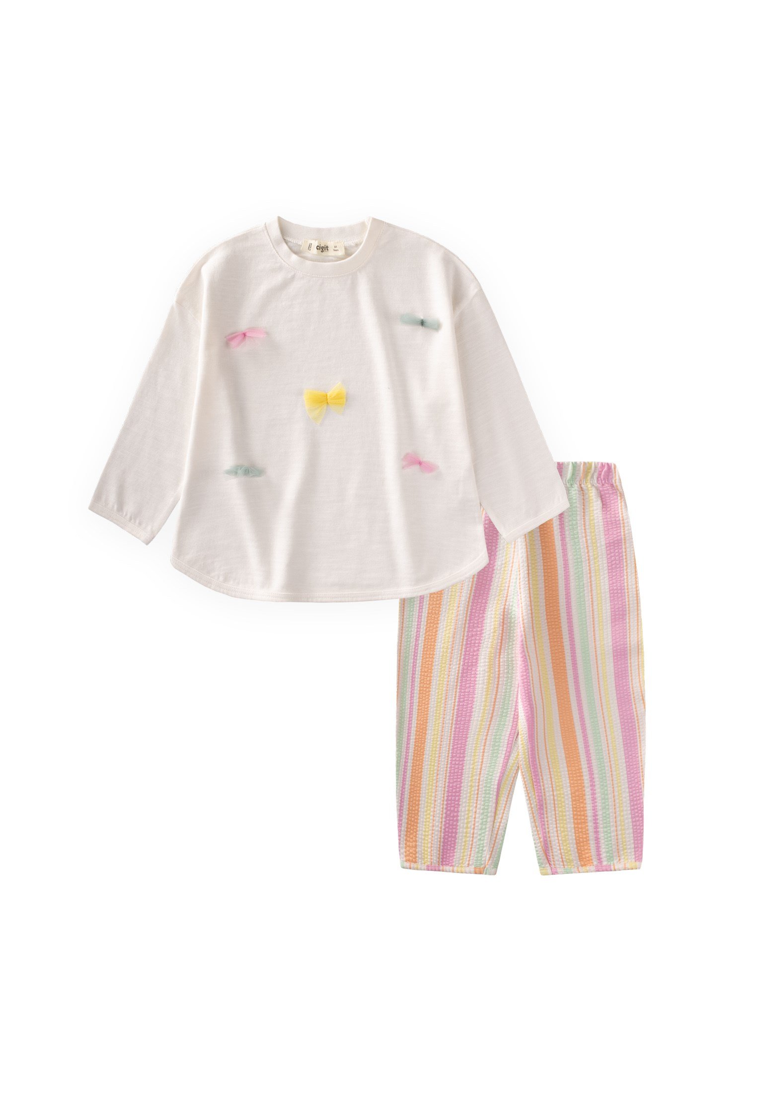 CigitOversize T-Shirt Pantolon Takım 2-10 Yaş Ekru Turuncu Çizgili