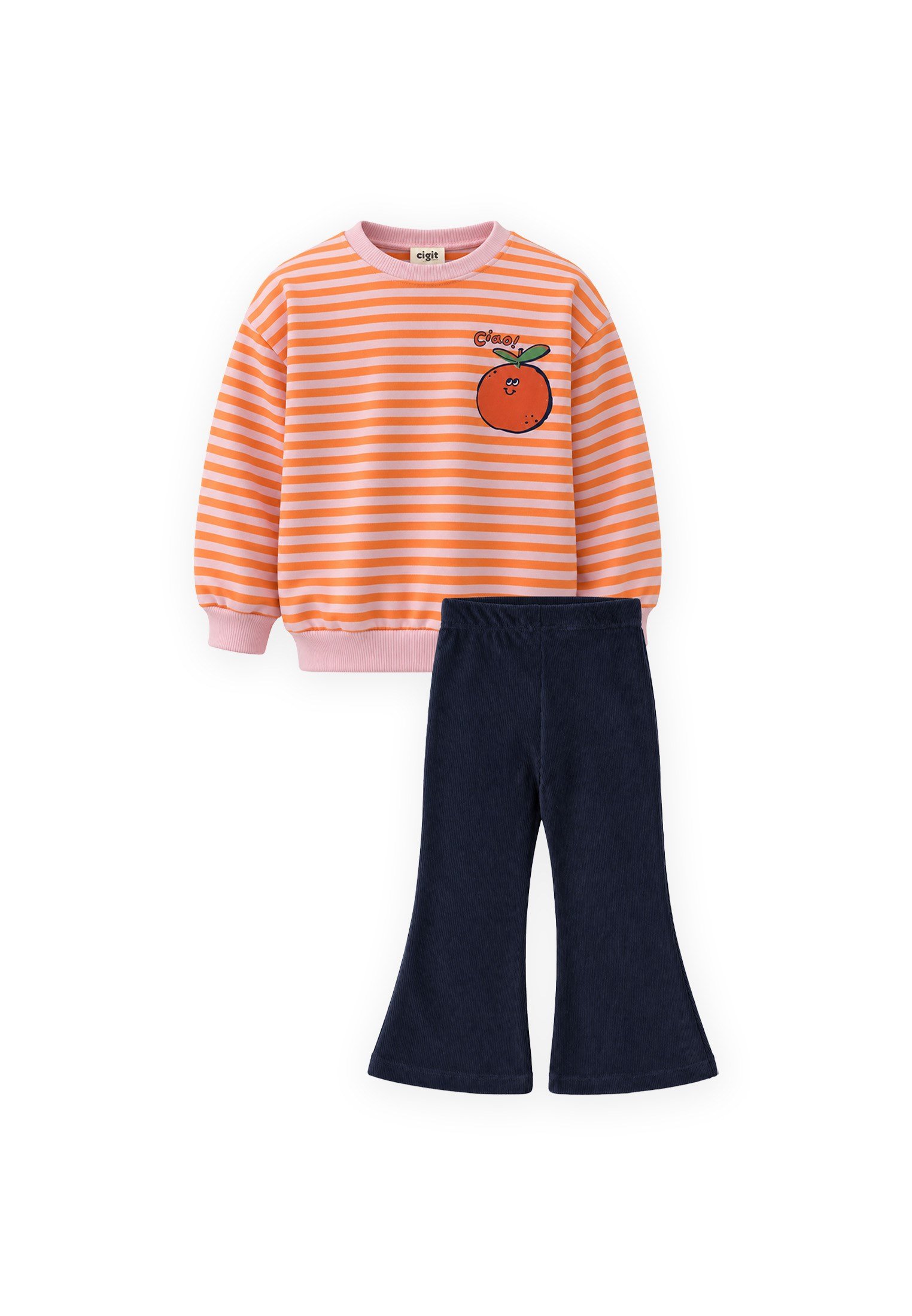 CigitKadife Taytlı Triko Sweatshirt Takım 1-6 Yaş TURUNCU ÇİZGİLİ