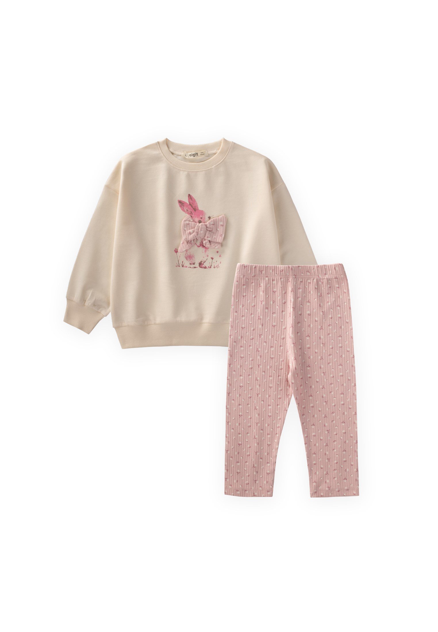 CigitBaskılı Sweatshirt Taytlı Takım 1-7 Yaş EKRU