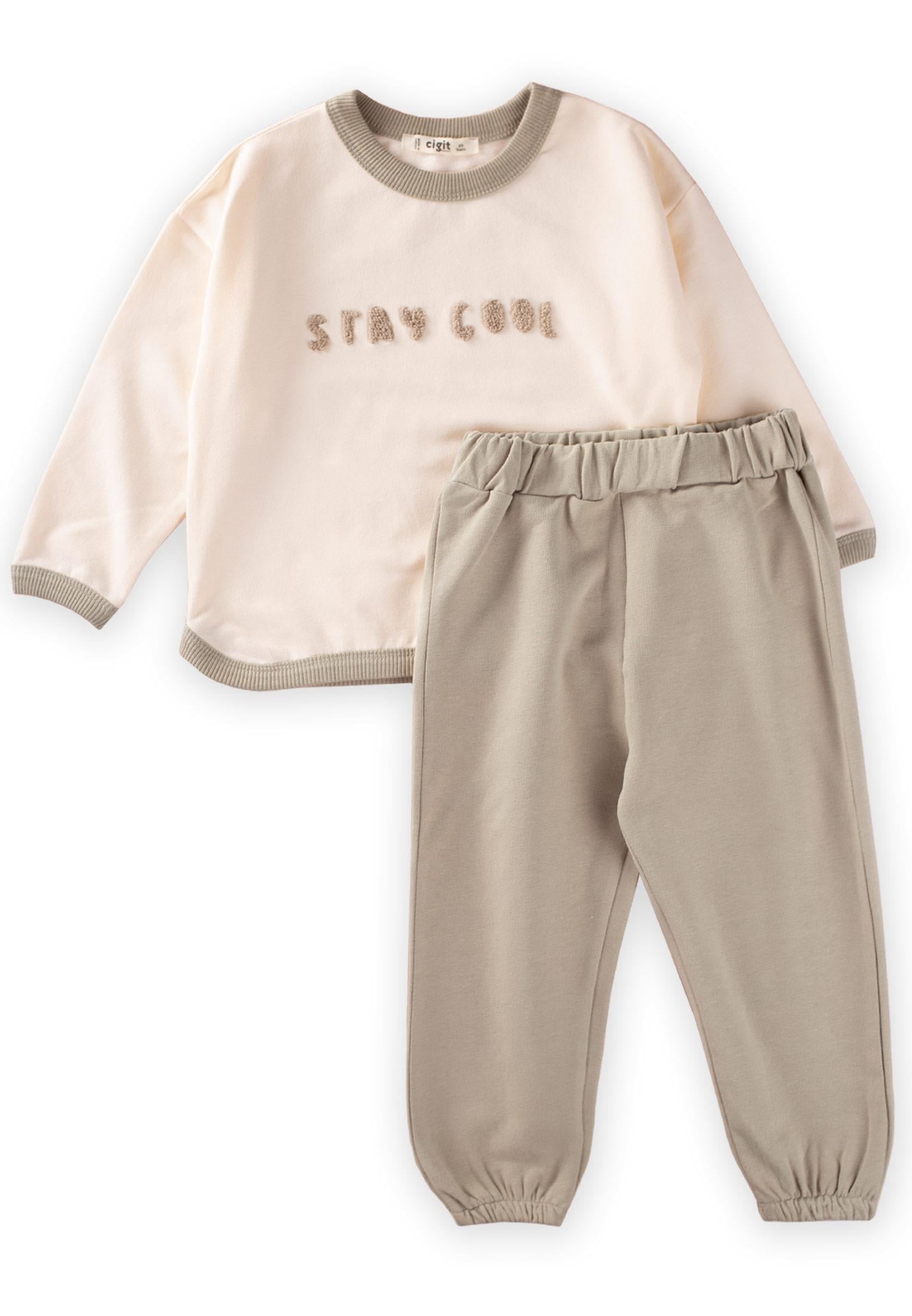 CigitStay Cool Nakışlı Sweatshırt Takım 2-10 Yaş EKRU