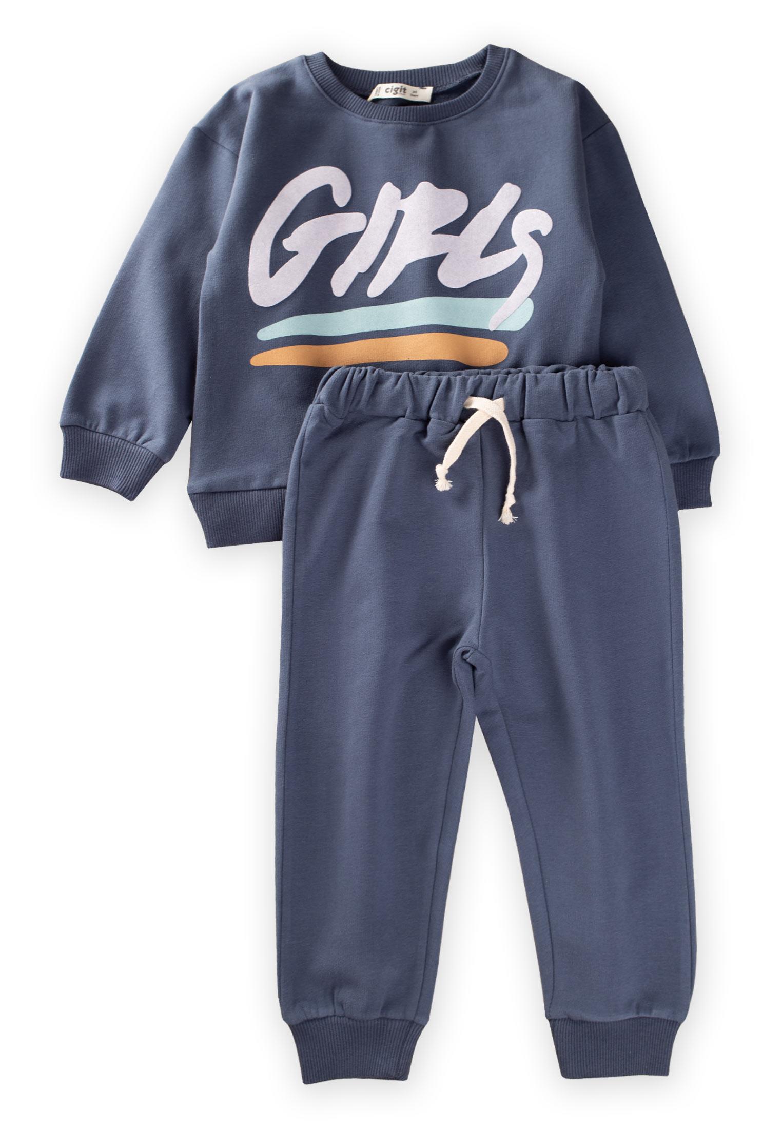 CigitGırls Baskılı Sweatshırt Takım 2-10 Yaş LACİVERT