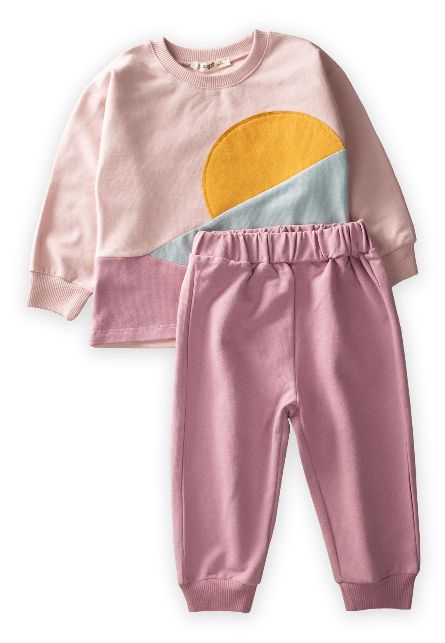 CigitAplikei Colour Block Sweatshırt Takım 1-7 Yaş PUDRA PEMBE