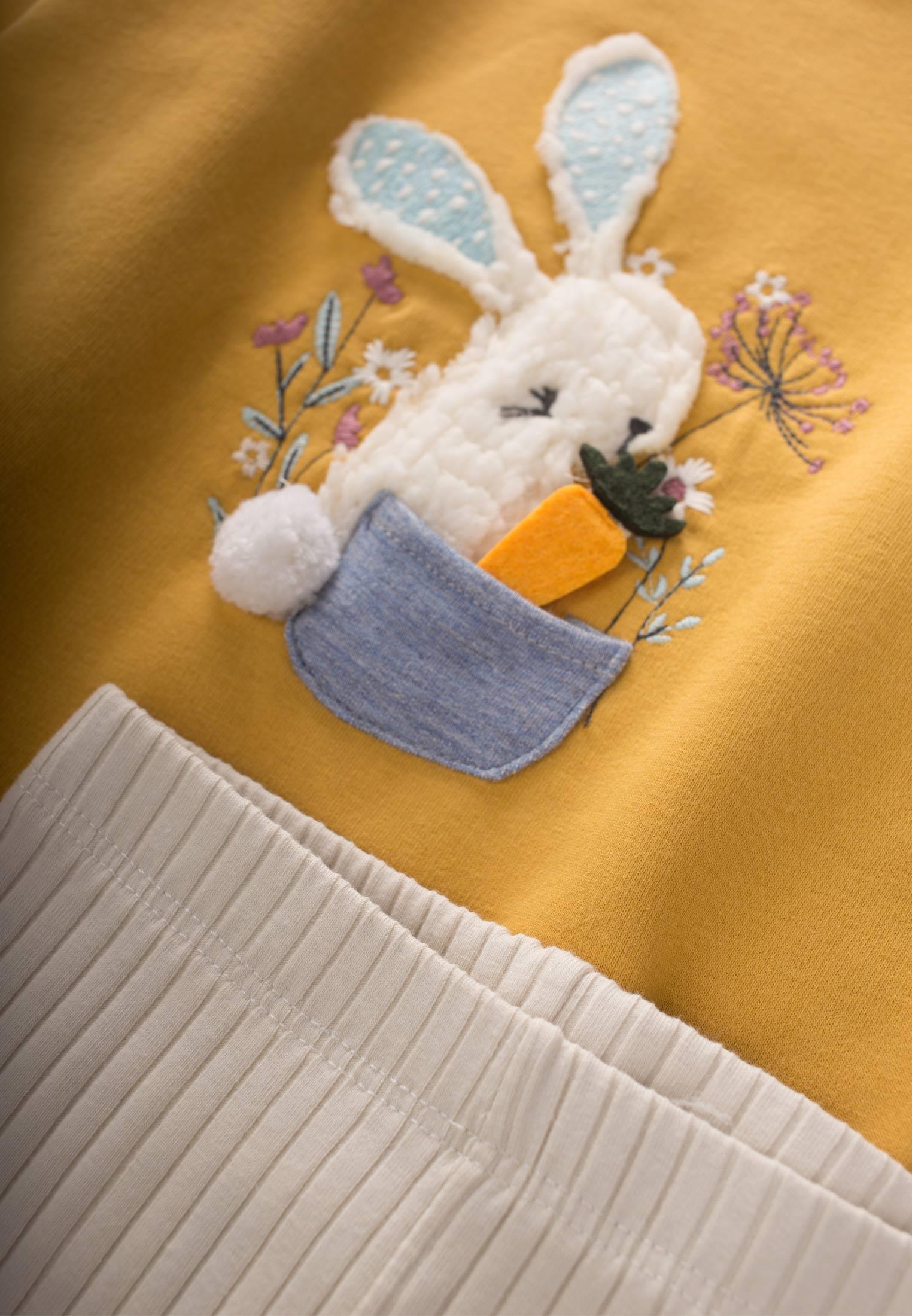CigitPelüş Tavşan Aplikeli Taytlı Sweatshırt Takım 1-5 Yaş HARDAL SARI