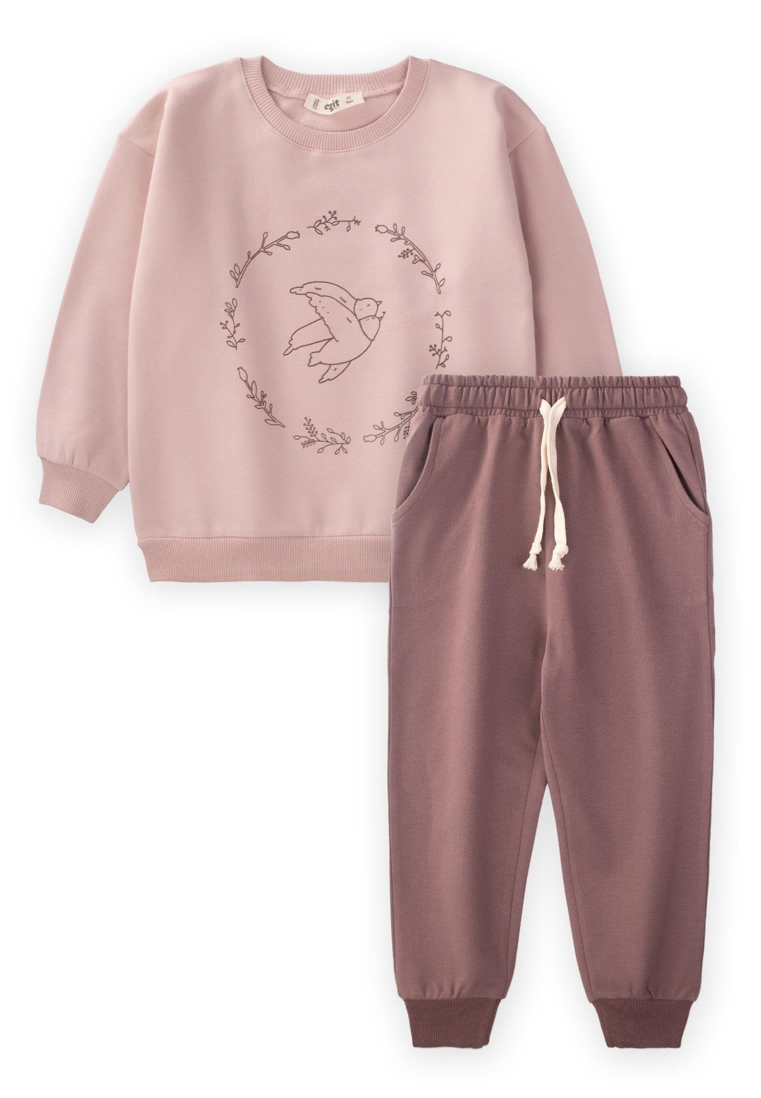 CigitKuş Baskılı Sweatshırt Kız Takım 2-10 Yaş PUDRA PEMBE