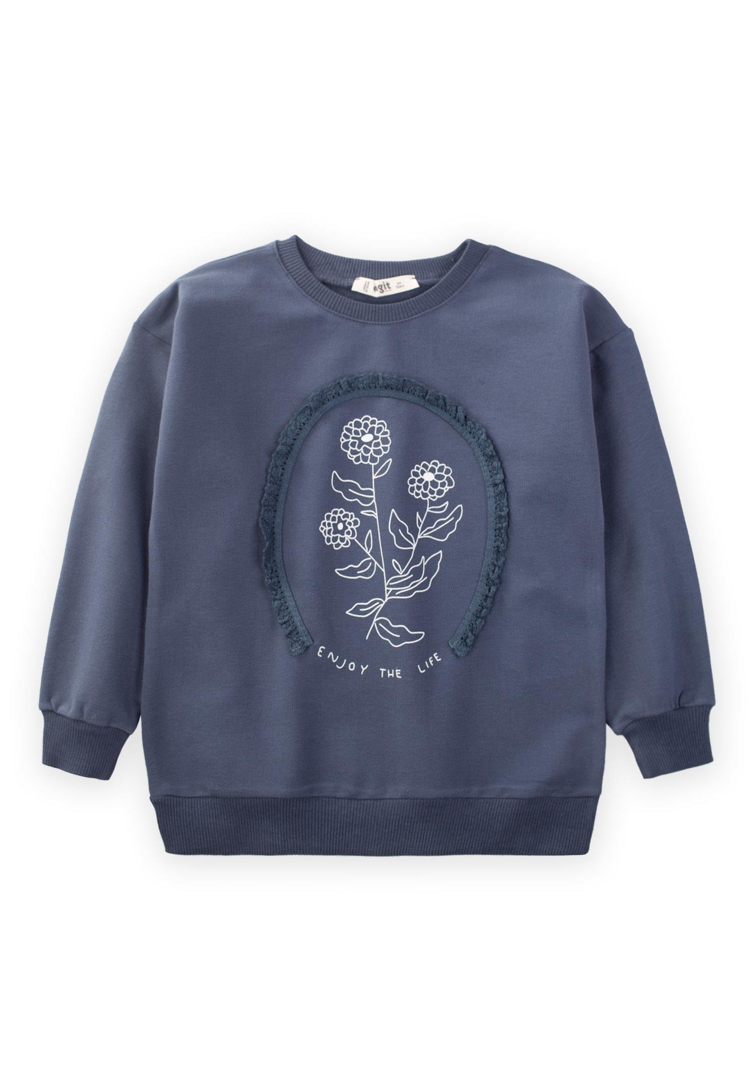 CigitBrode Detaylı Yıldız Çiçeği Baskılı Kız Sweatshirt 3-13 Yaş LACİVERT