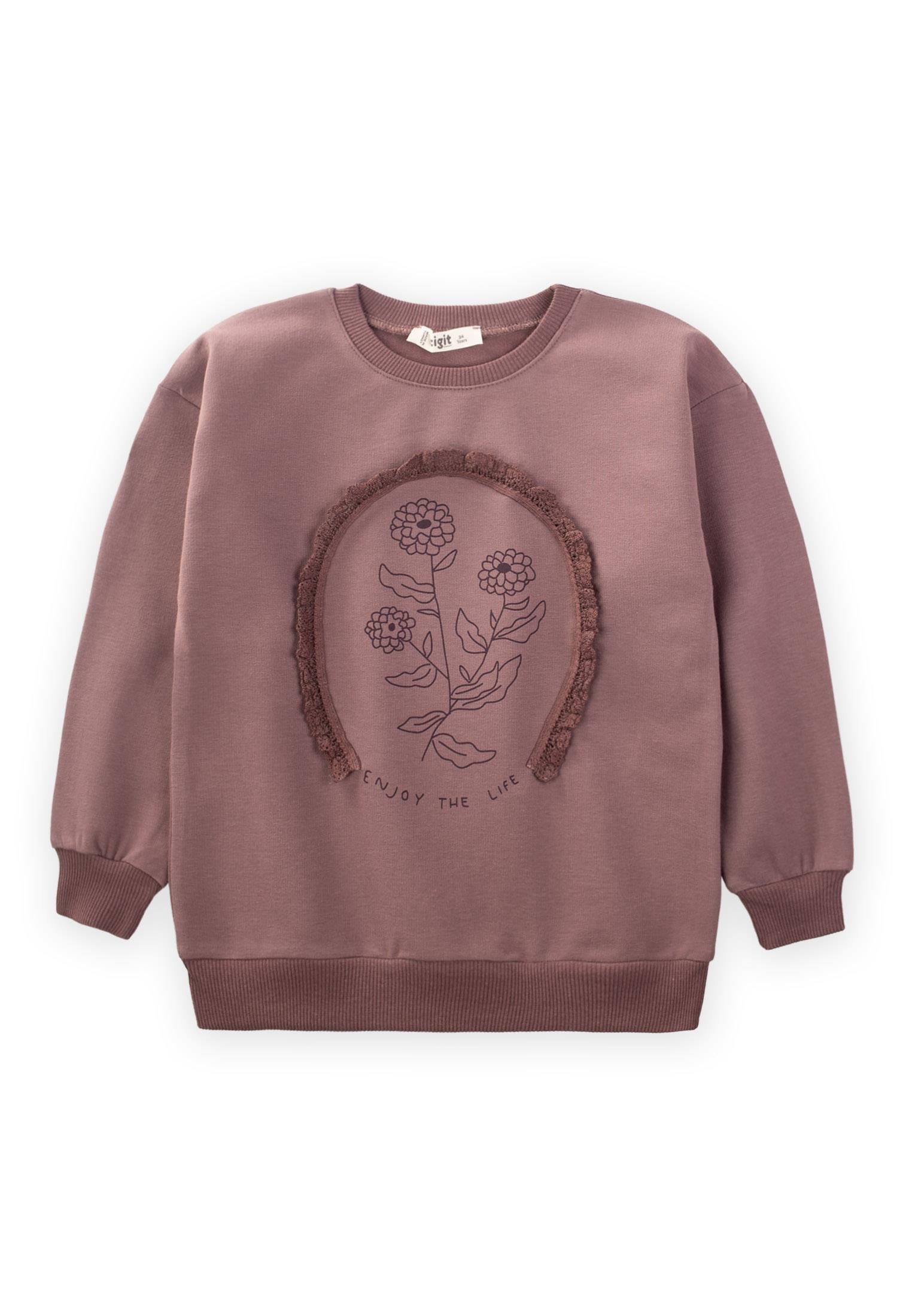 CigitBrode Detaylı Yıldız Çiçeği Baskılı Kız Sweatshirt 3-13 Yaş MÜRDÜM