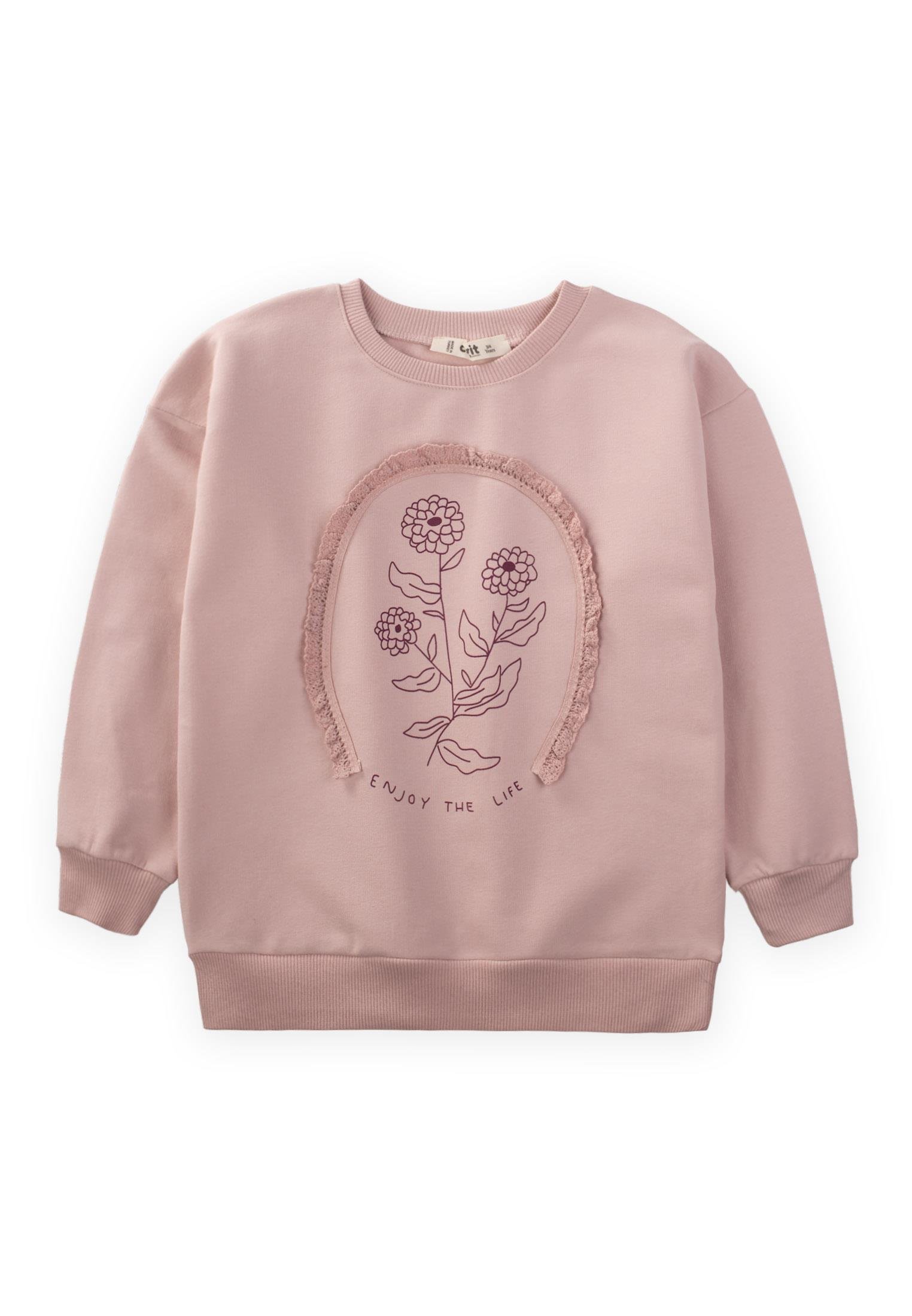 CigitBrode Detaylı Yıldız Çiçeği Baskılı Kız Sweatshirt 3-13 Yaş PUDRA