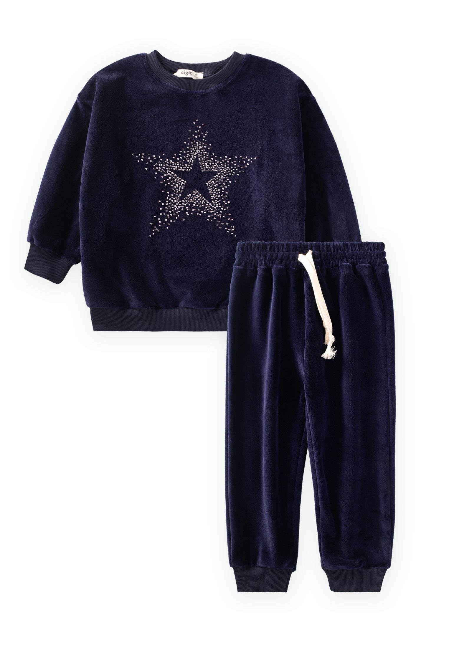 CigitTaş Detaylı Kadife Kız Sweatshırt Takım 2-10 Yaş LACİVERT
