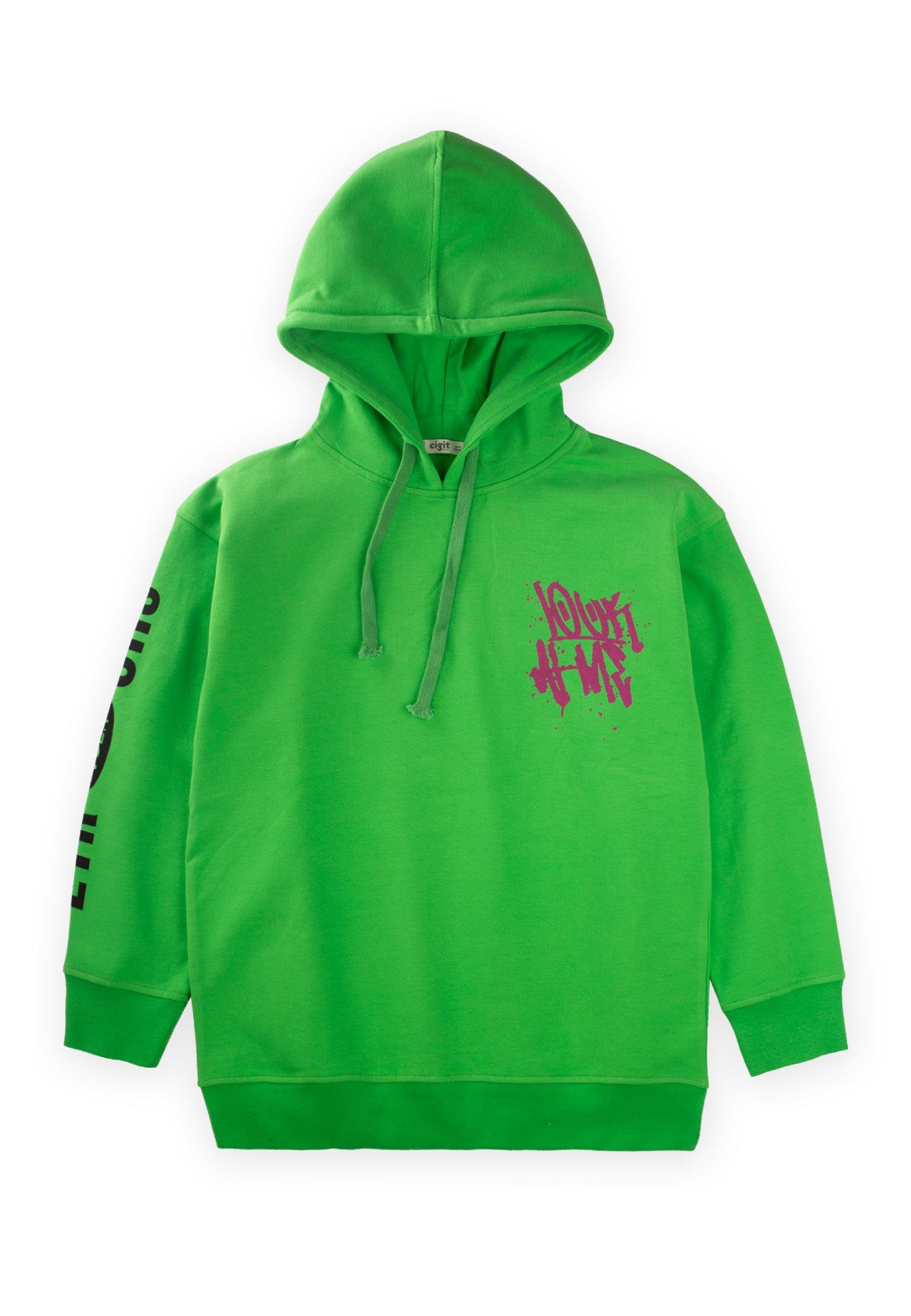 CigitLook Fresh Baskılı Kapşonlu Sweatshırt 9-14 Yaş YEŞİL