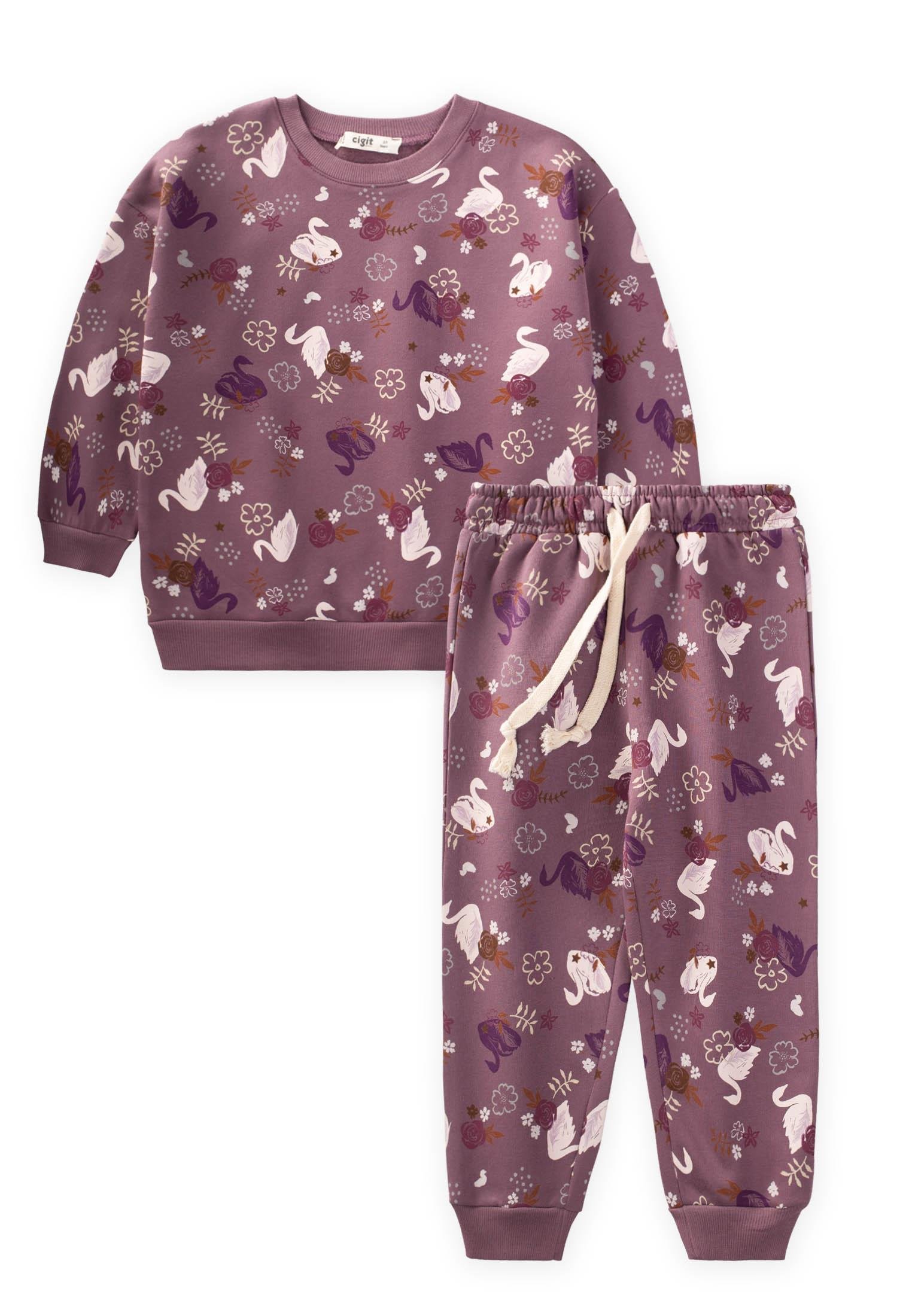 CigitDesenli Sweatshirt Kız Takım 2-10 Yaş MOR