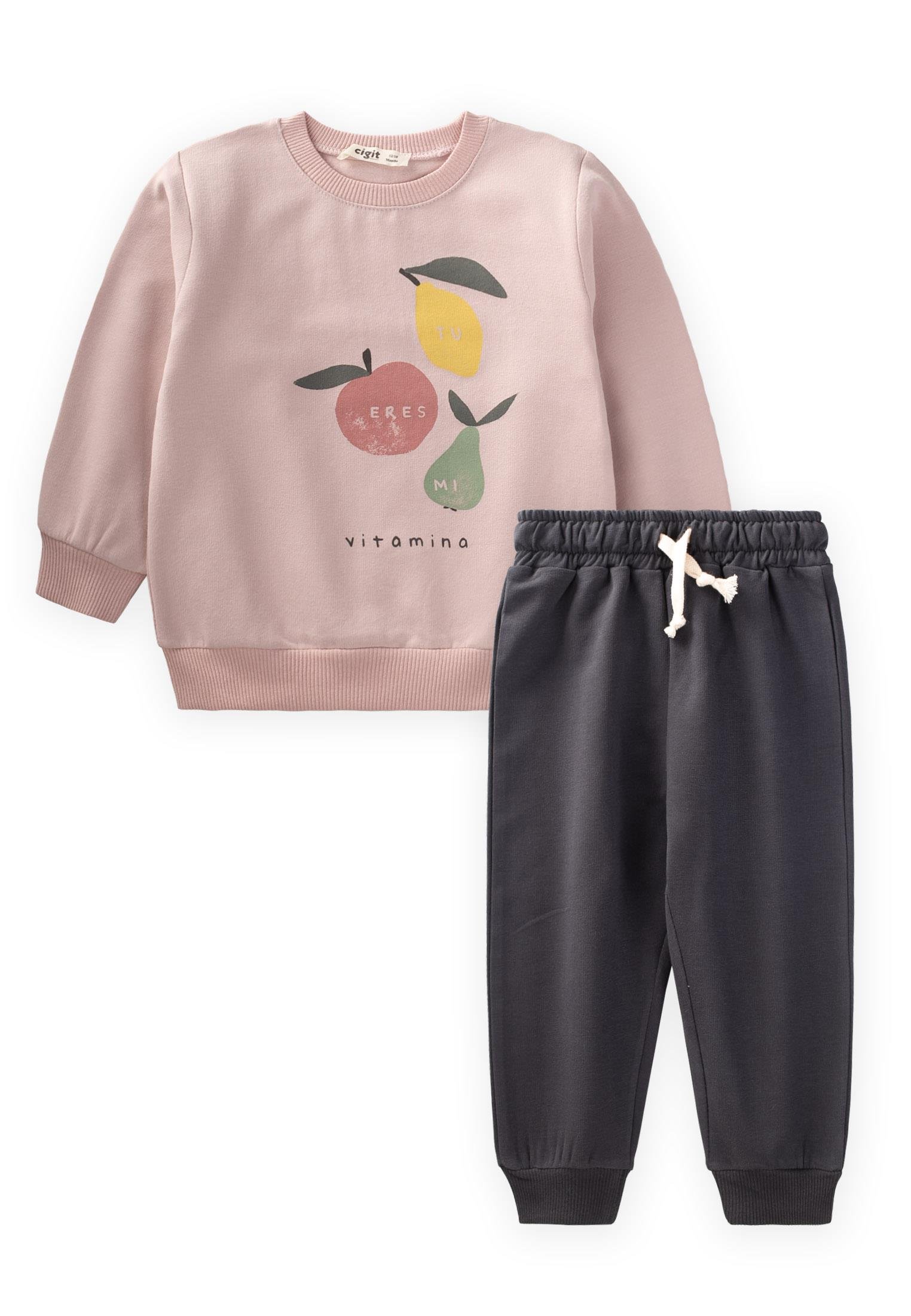CigitVitamina Baskılı Kız Sweatshırt Takım 1-7 Yaş PUDRA PEMBE