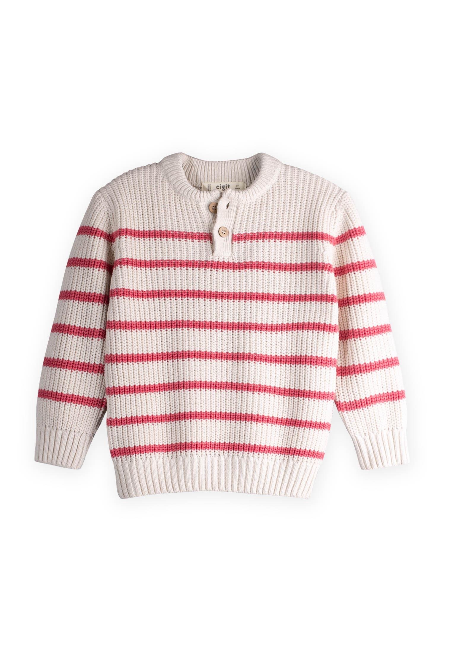 CigitÇizgili Triko Kazak 2-8 Yaş EKRU-SOMON ÇİZGİ