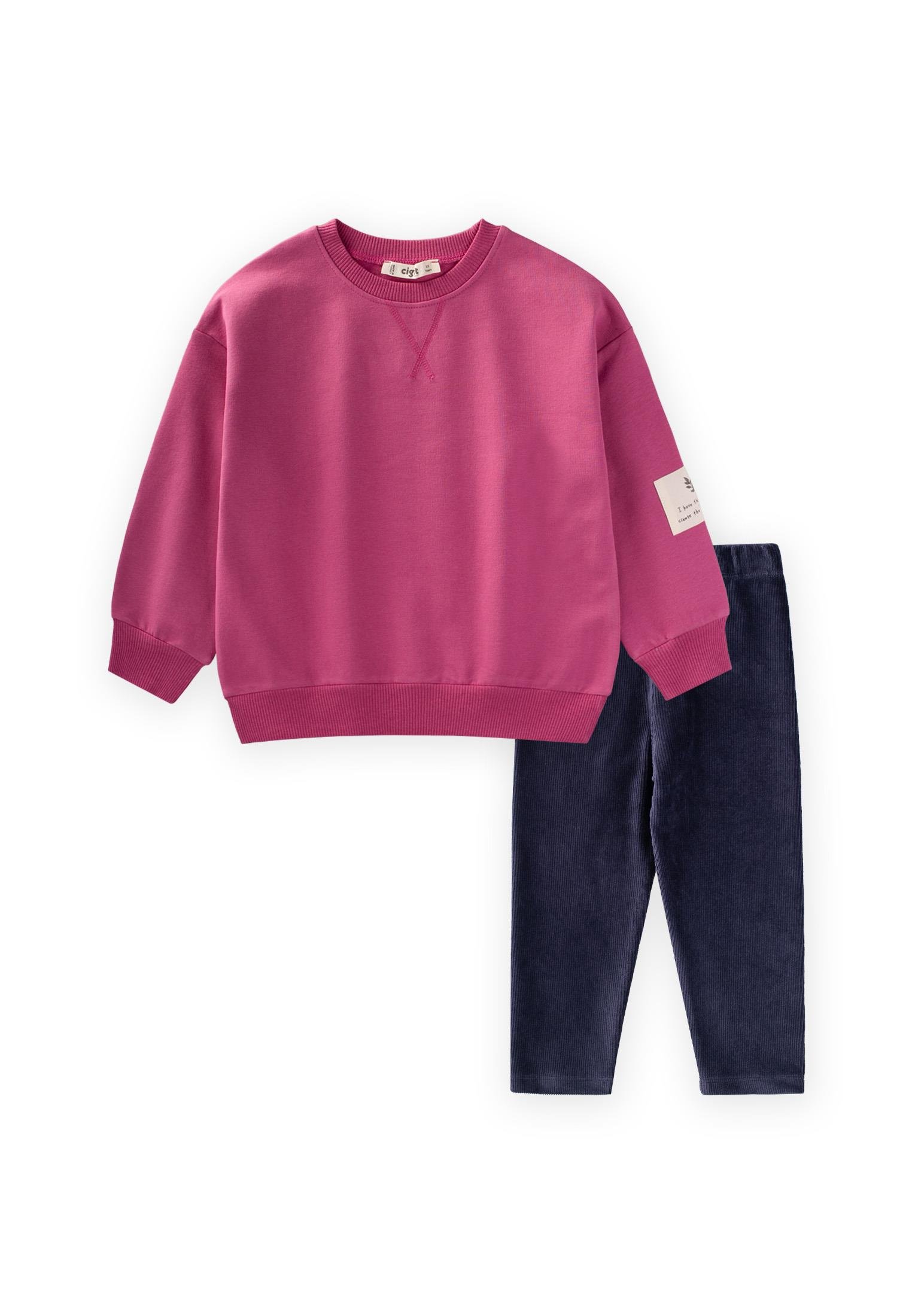 CigitKadife Taytlı Sweatshırt Takım 2-10 Yaş FUŞYA