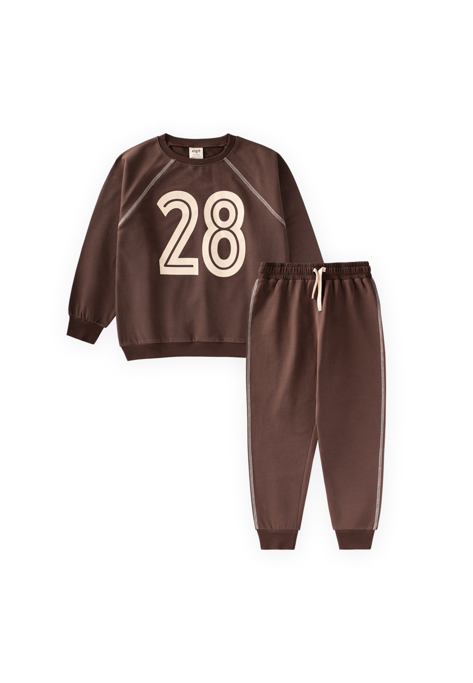CigitŞardonlu Karyoka Detaylı Baskılı Sweatshirt Takım 2-10 Yaş KAHVERENGİ